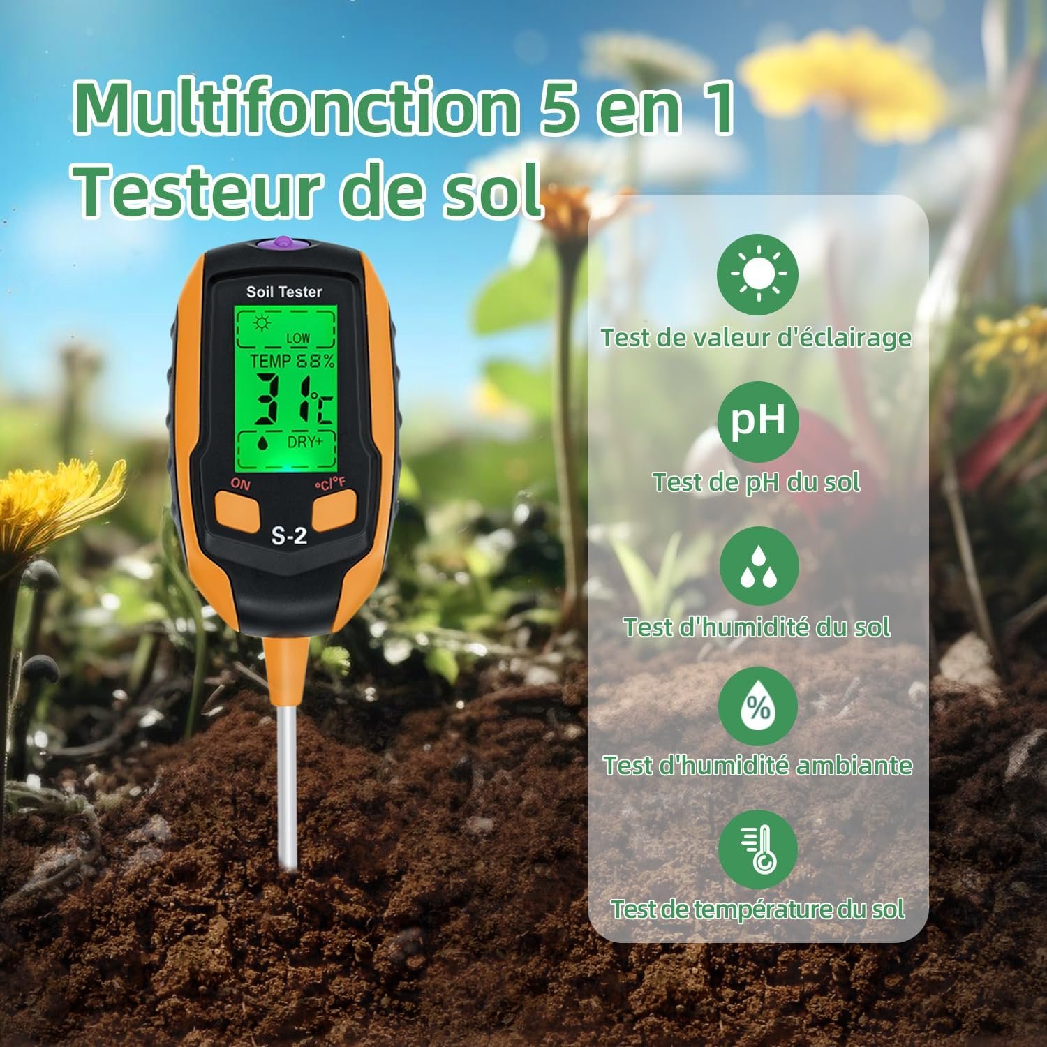 Upgrade 5 in 1 Soil Tester Plant Garden Tools Soil Detector PH Meter Sunlight Intensity Environment Humidity Soil Test Kit