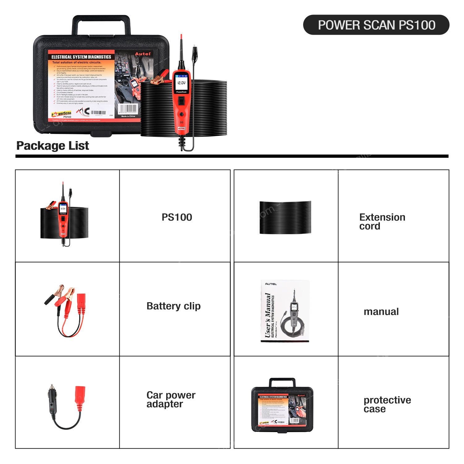 Autel PowerScan PS100 Automotive Power Probe Circuit Tester Electrical System Auto Diagnostic Tool autel PS 100 OBD2 Scanner