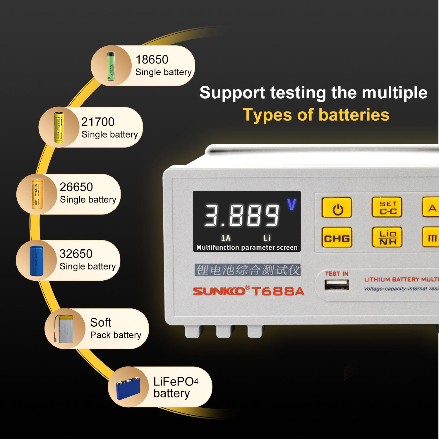 SUNKKO T-688A electric vehicle battery Internal resistance tester Charge and discharge lithium battery capacity tester 18650