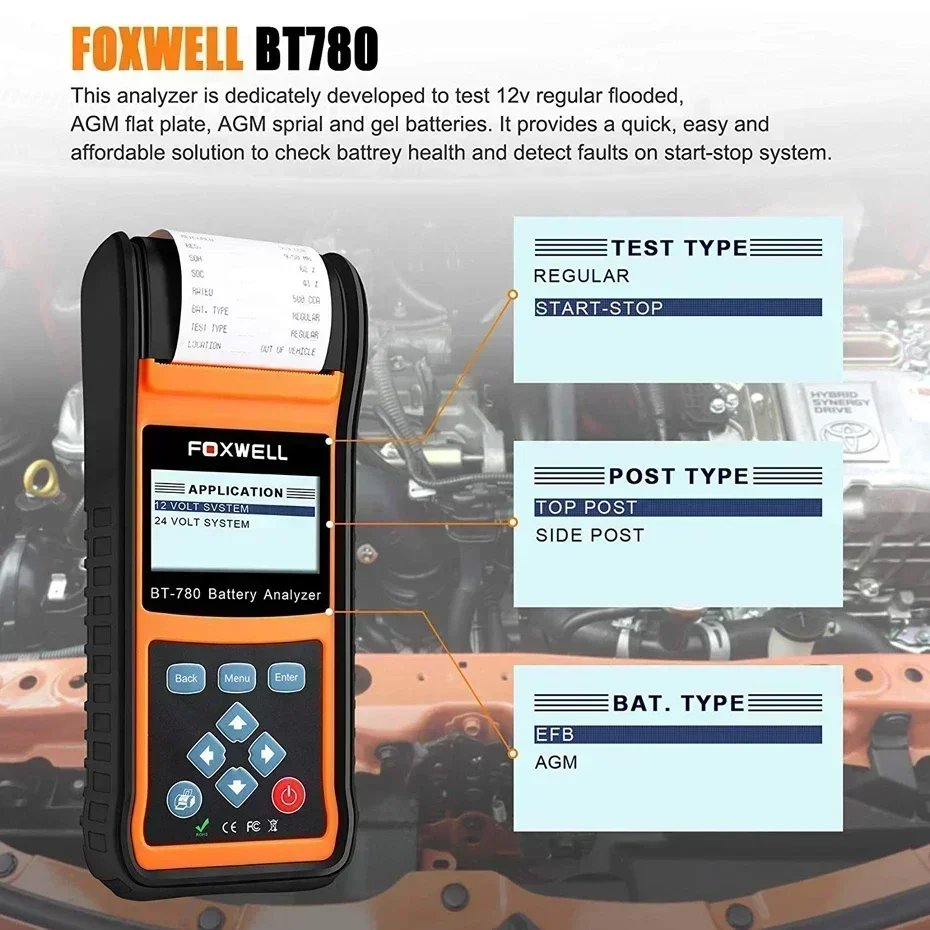 FOXWELL BT780 12V Battery Tester 0-1000A Car AGM GEL EBP Batteries Analyzer Built-in Printer car accessories battery monitor