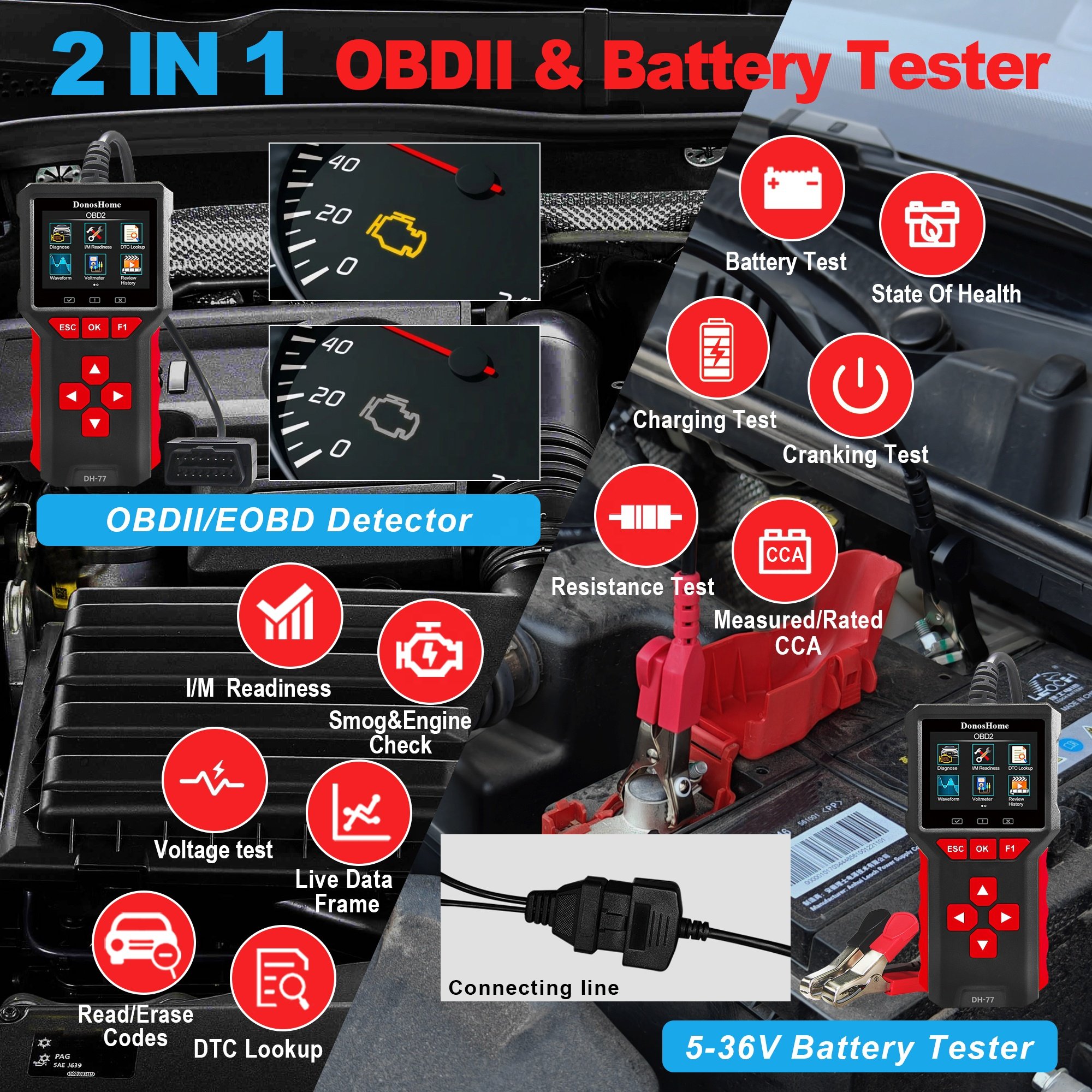 Hot new version 2 in 1 OBD2 Scanner Scanner+Battery Tester, 5-36V 20-3300 CCA Diagnostic Tool Code Reader Battery System tester