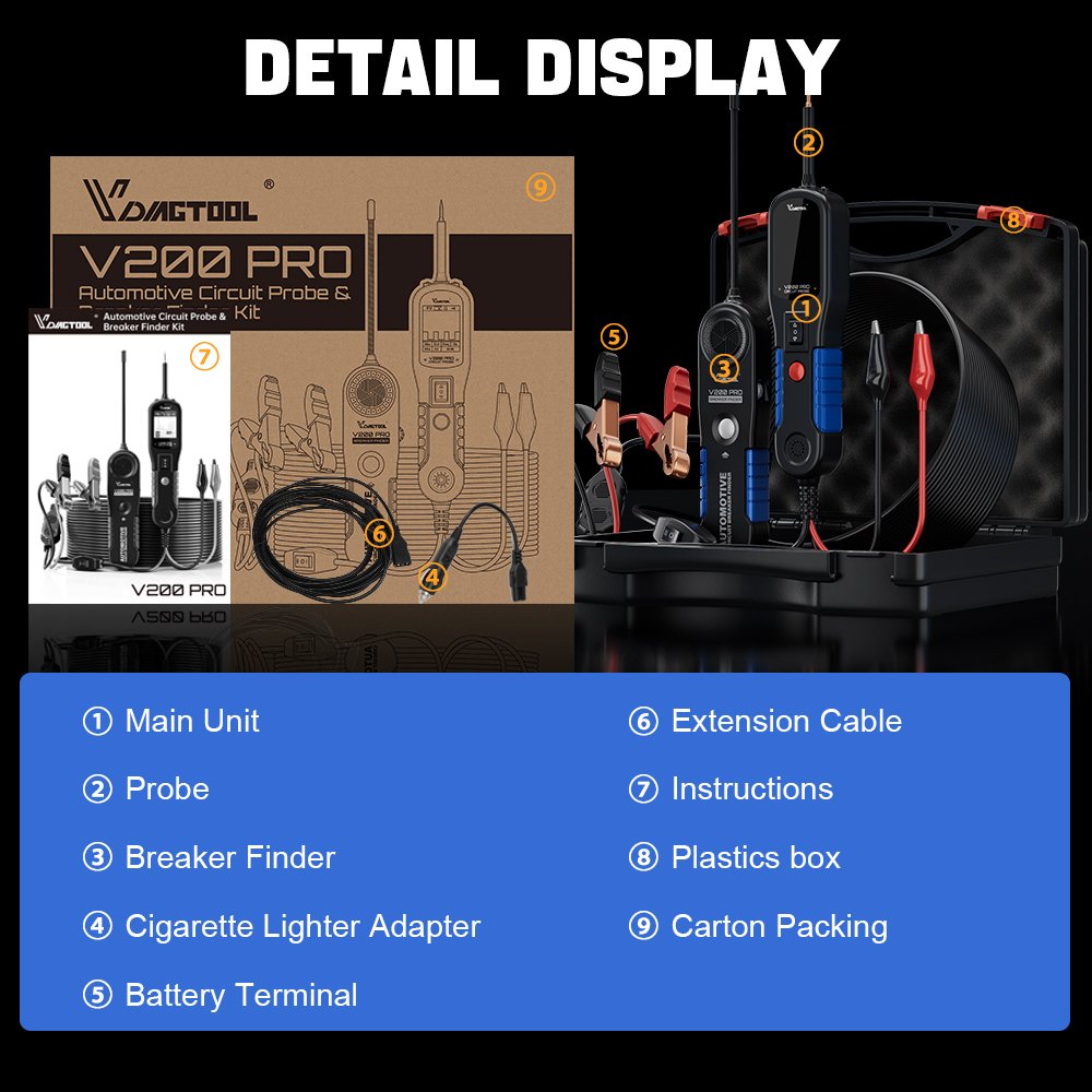 VDIAGTOOL V200 Pro Power Circuit Probe Kit Electric Tester Tool AC DC Voltage Tester 12V 24V Electrical Circuit Tester