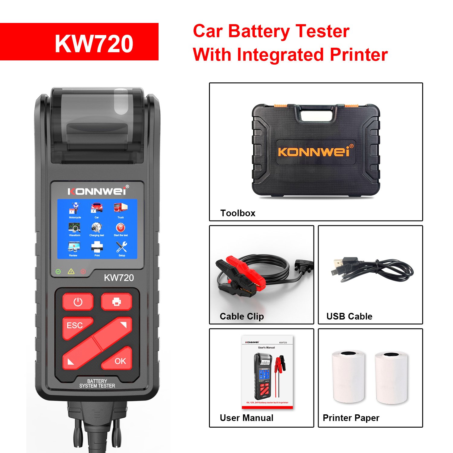 konnwei factory KW720Li-ion Lithium Lead-acid Battery Capacity battery Tester Analyzer with integrated printer