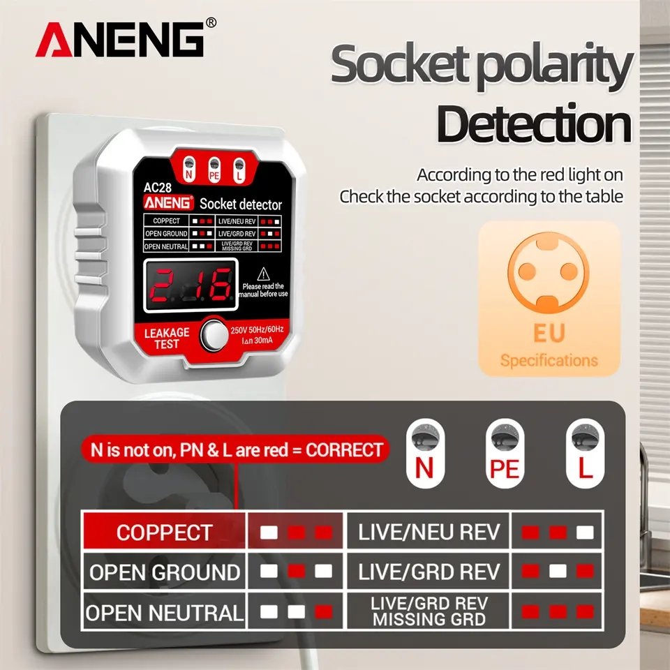 ANENG AC28 Socket Detector US/EU Universal Battery Tester Checker Test Power Socker LCD Voltage Tester Phase Meter Detector Tool