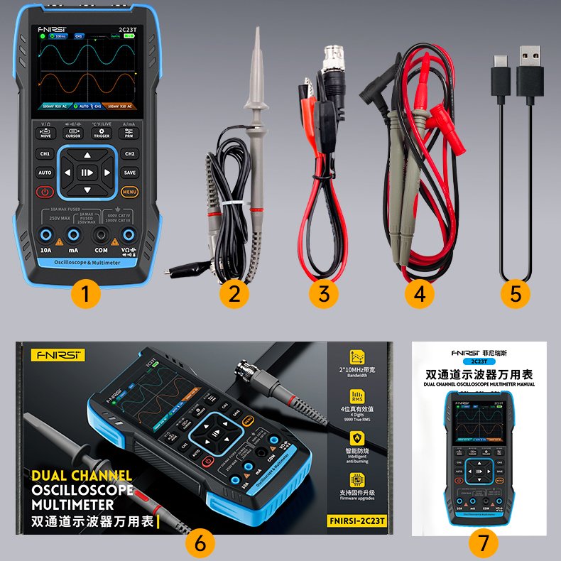 Fnirsi 2C23T Portable Digital Oscilloscope Signal Generator Multimeter Dual Channel 3 In 1 10MHZ*2 50MS/s Handheld Oscilloscope