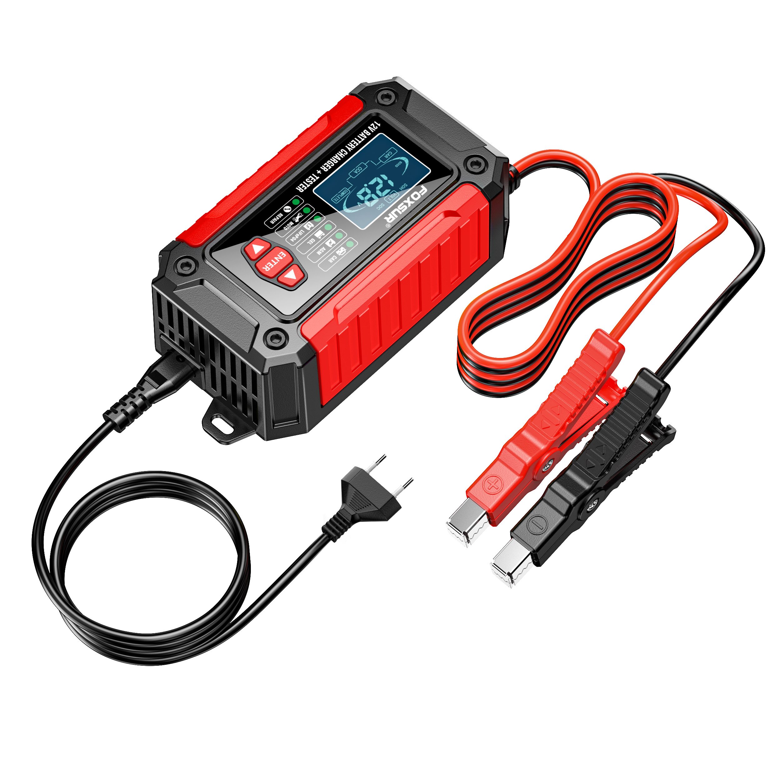 FOXSUR 121V Motorcycle car battery charger battery tester pulse repair 12 volt lifepo4 lead acid battery charger & analyzer