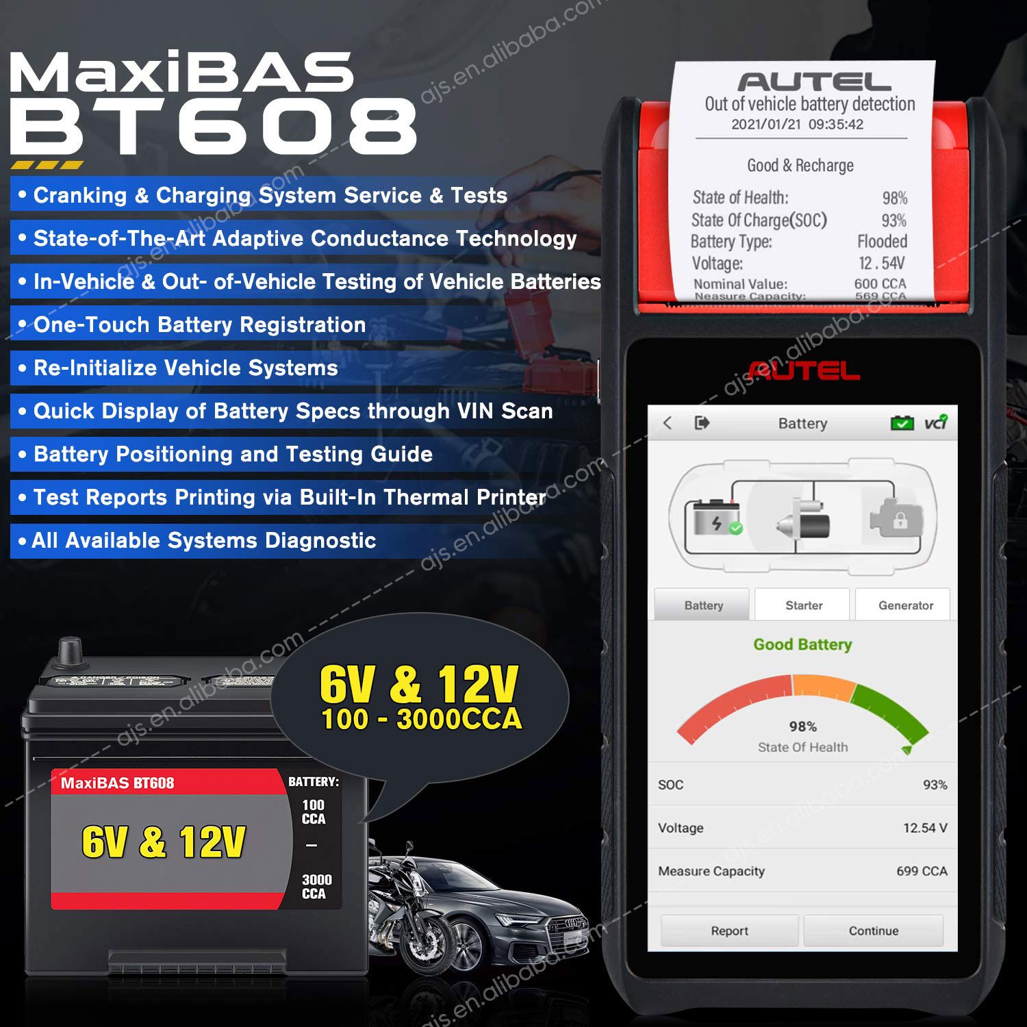 Autel Maxibas BT608 Car Diagnostic Tools Battery & Electrical System Analyzer Auto Diagnostic OBD2 Scanner Vehicle Tools
