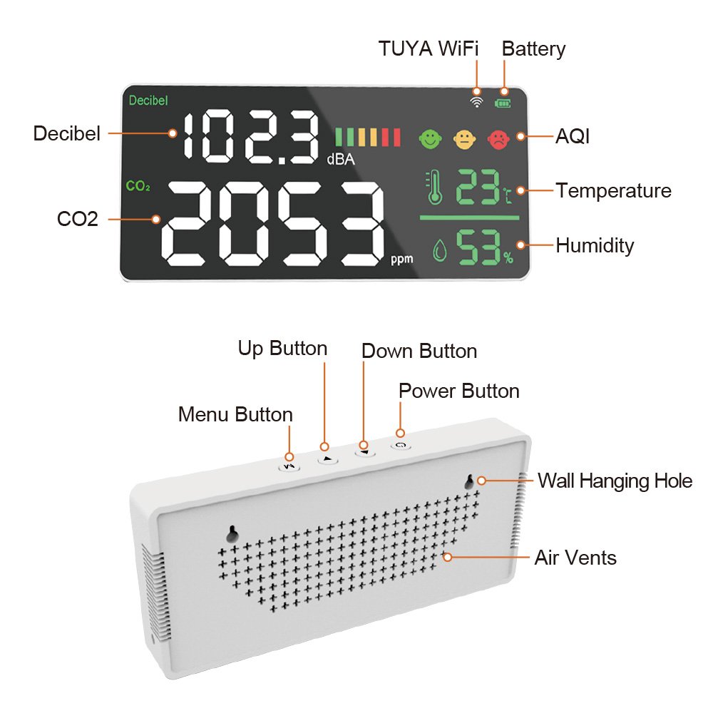 Industrial Grade WiFi Sound Level Monitor Carbon Dioxide Noise Detector for Home Office Air Quality Factory Direct Sale