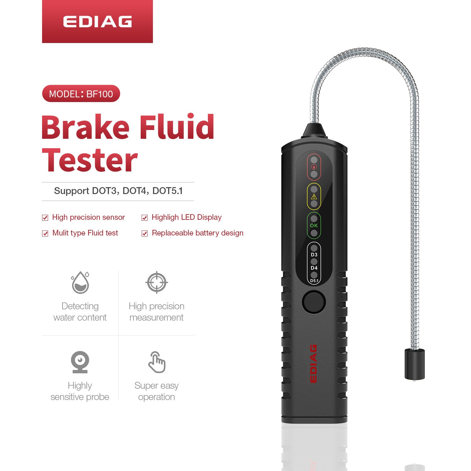 ediag BF100 Auto Brake Fluid Tester supports detect water content Automotive Testing Tool