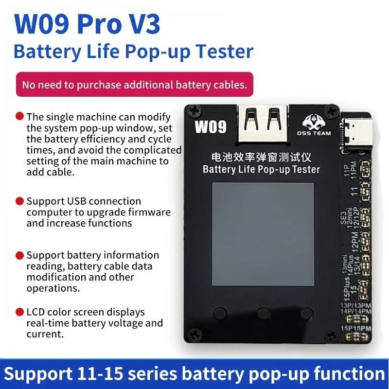 W09 Pro V3 Battery Life Pop-up Tester Battery Health Data Repair Tool No Need Tag Cable For Mobile Phone 11-15ProMax