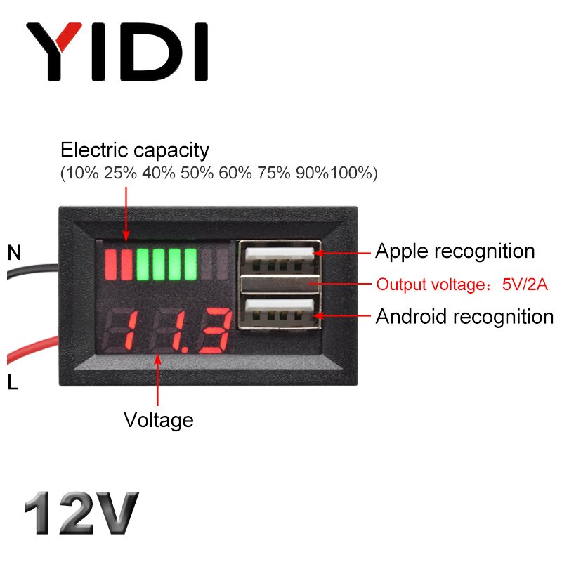 12V Lead Acid Lithium Ion Battery Voltage Capacity Tester Meter Indicator Digital Display Voltmeter Dual USB Checker Measurement