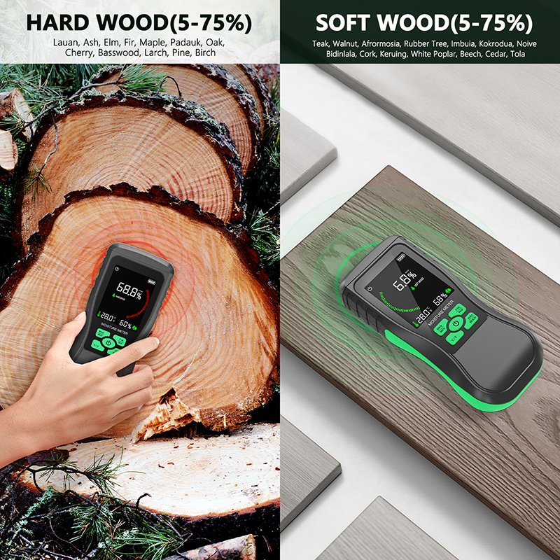 Color LCD Display Pinless Drywall Moisture Detector for Lumber Concrete Building Digital Moisture Tester for Firewood Wall