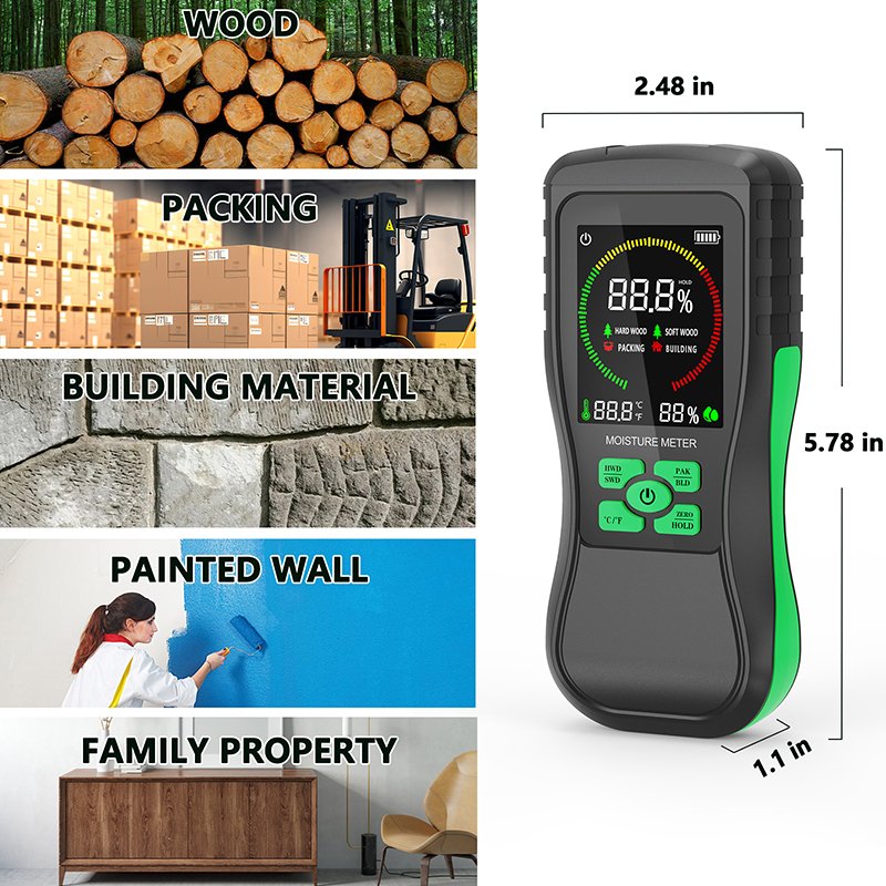 Color LCD Display Pinless Drywall Moisture Detector for Lumber Concrete Building Digital Moisture Tester for Firewood Wall