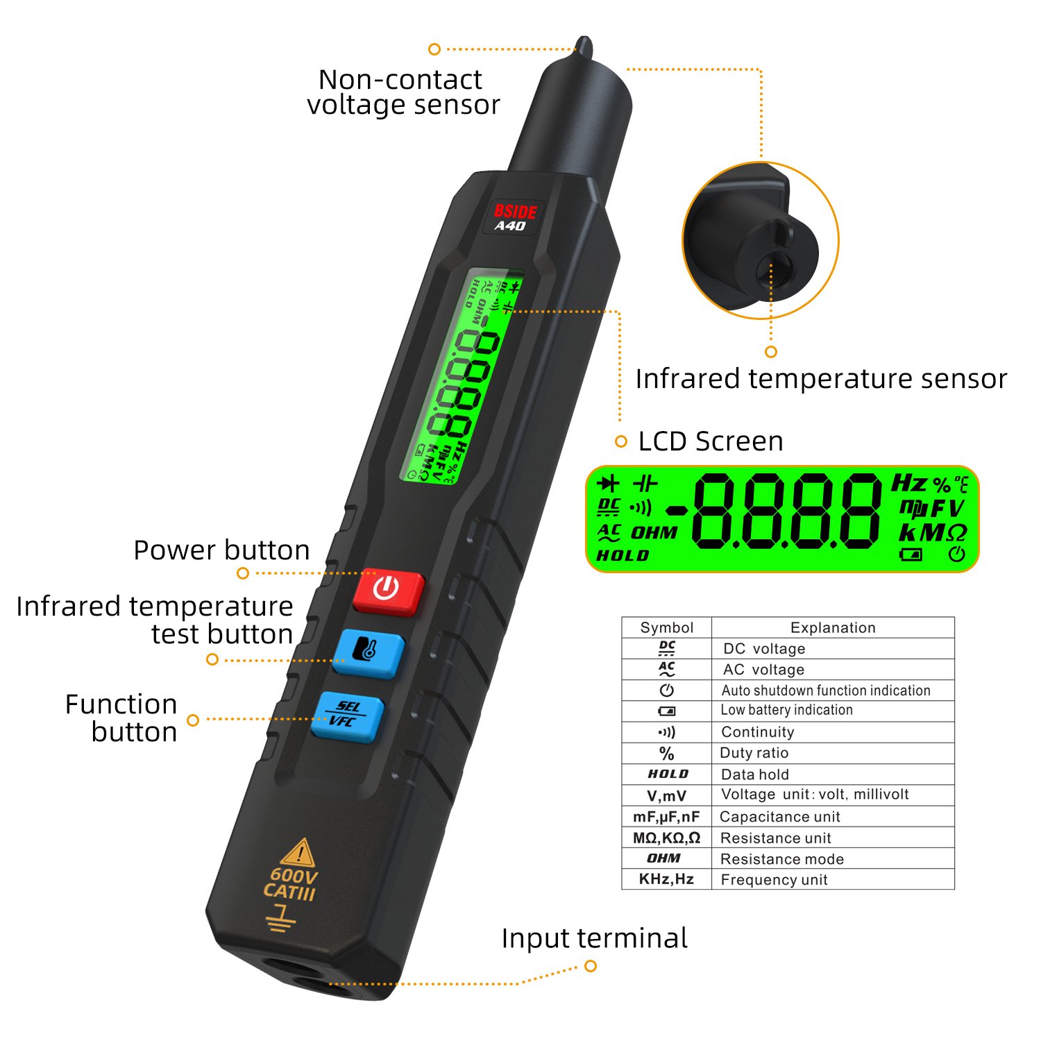 BSIDE A40 digital multimeter with Temperature measuring electroprobe Intelligent multimeter test pen