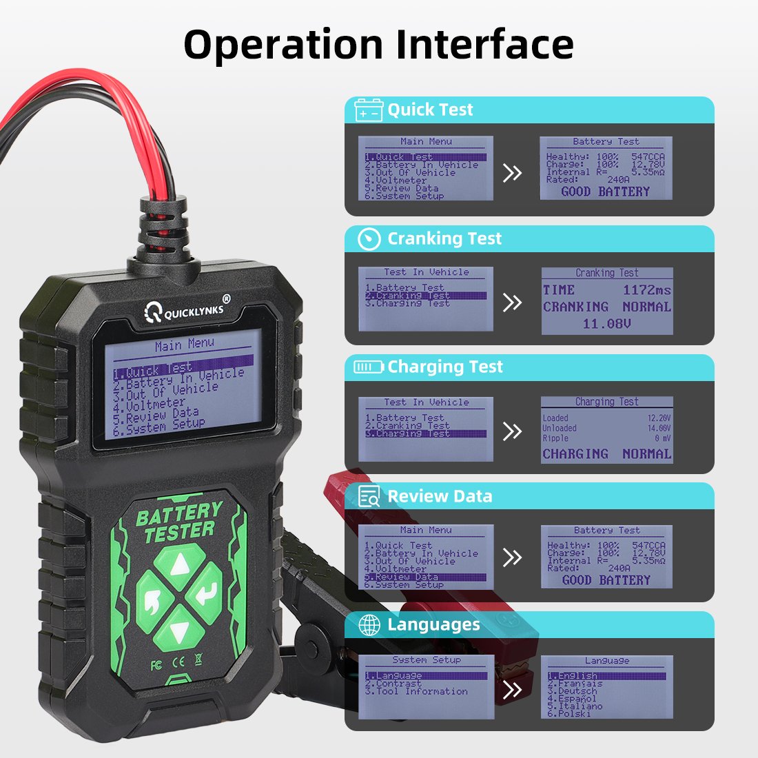Quicklynks BA107 Car Battery Tester 12V 100 to 2000 CCA Cranking Charging Tester Battery Analyzer 12 V Battery Diagnosis Tools