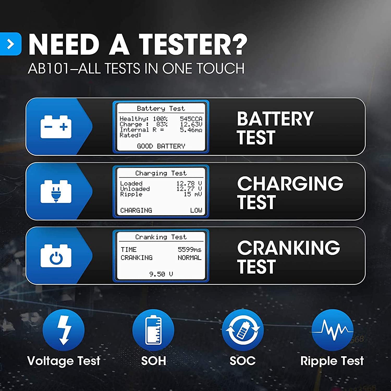 TOPDON AB101 New Arrival Car Battery Tester 12V Analyzer Capacity Load Tester Cranking System Test 100-2000CCA