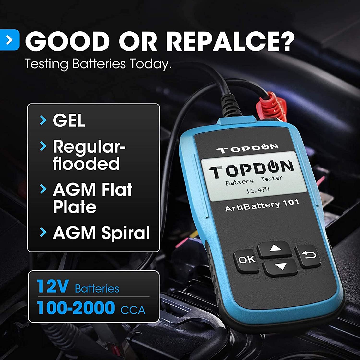 TOPDON AB101 New Arrival Car Battery Tester 12V Analyzer Capacity Load Tester Cranking System Test 100-2000CCA