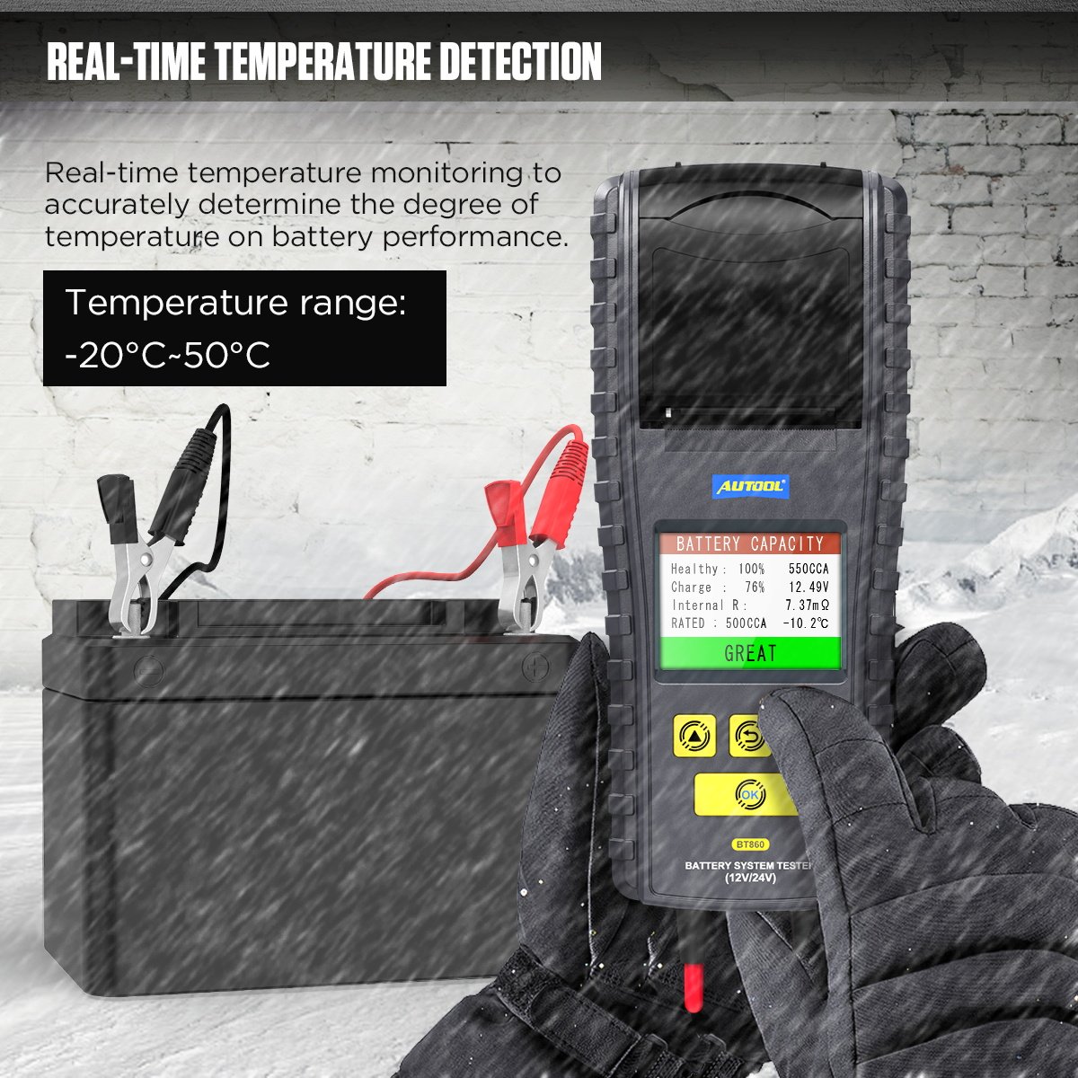 Autool BT860 12/24V Car Real Time Temperature Monitoring Battery Test Tool With Printer 3.2 Inch Color Screen