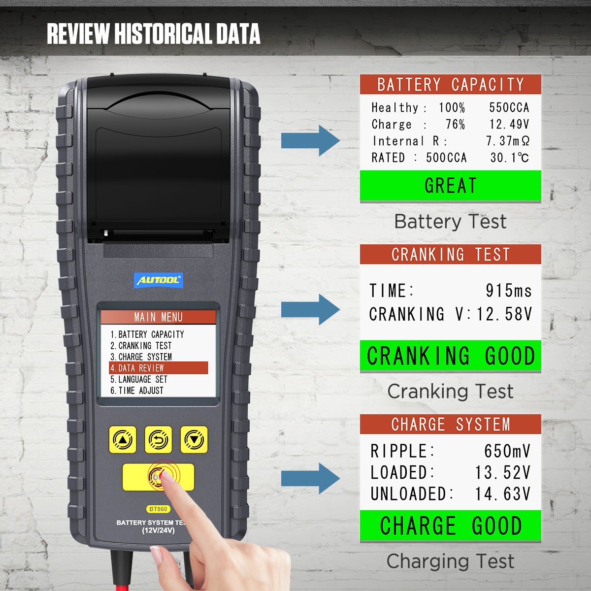 Autool BT860 12/24V Car Real Time Temperature Monitoring Battery Test Tool With Printer 3.2 Inch Color Screen