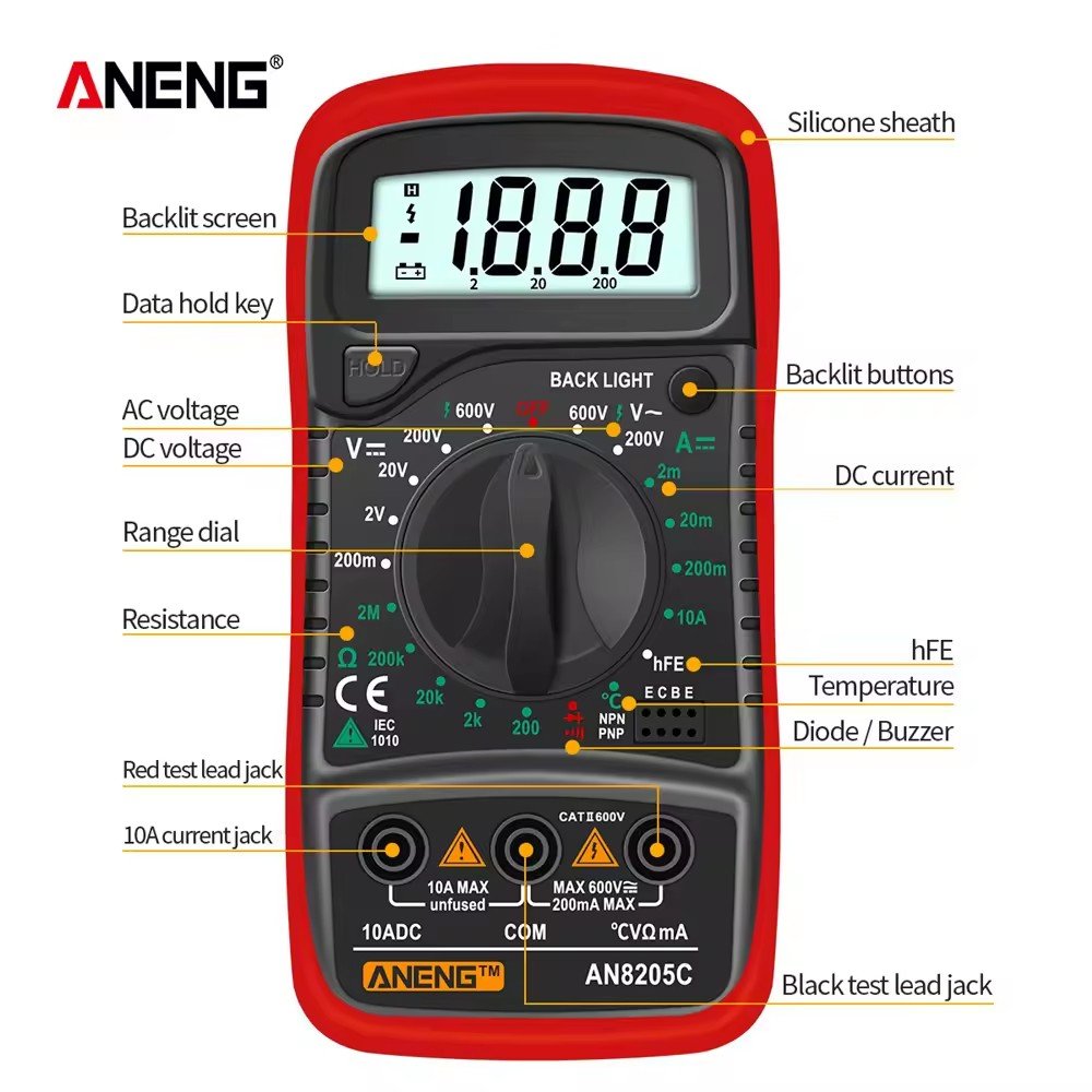 AN8205C AC/DC ammeter Ohm Tester LCD backlight portable digital multimeter