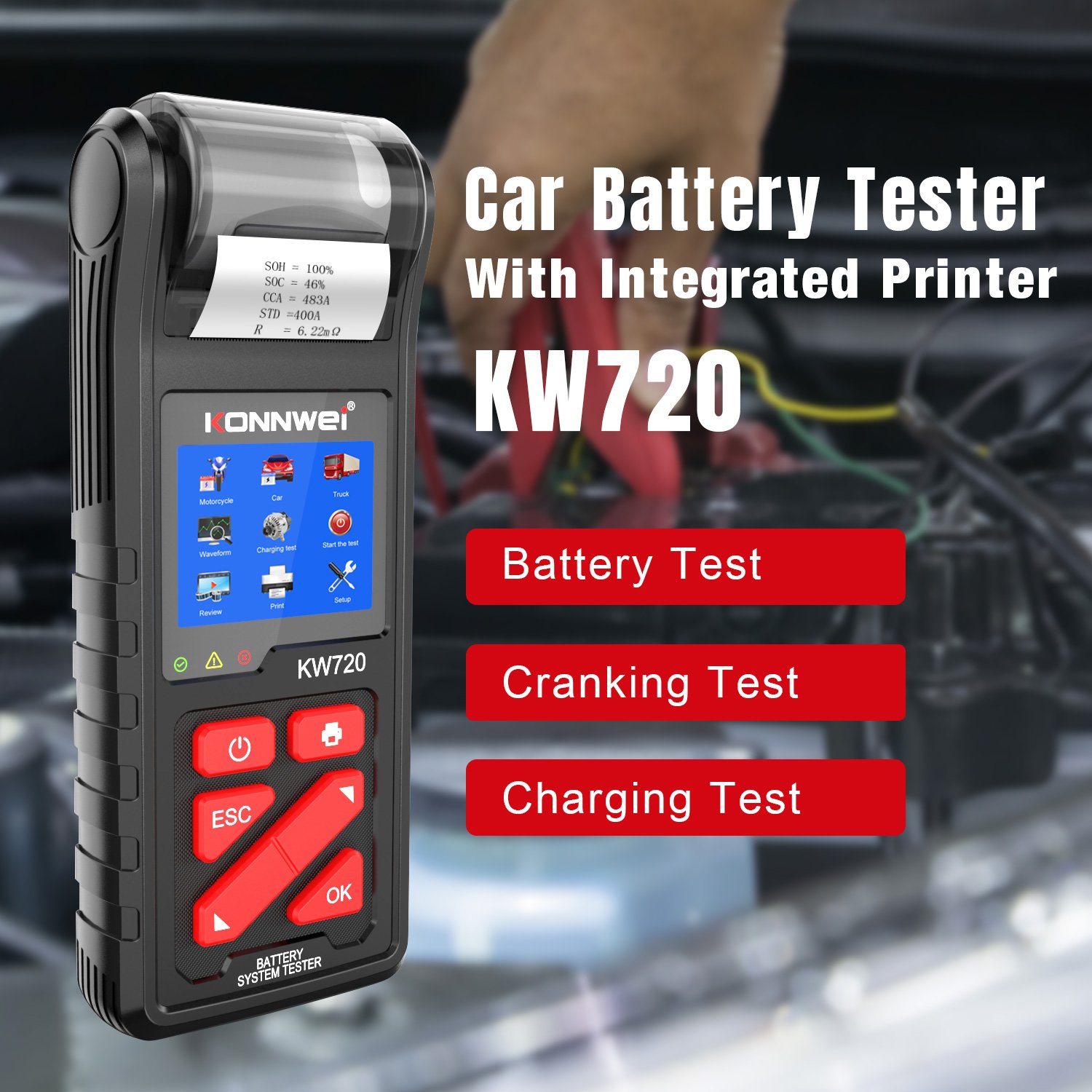 KONNWEI KW720 Vehicycle Battery Tester New Arrival Car Battery Testing Tools Detector Unique Car Battery Analyzer with Printer