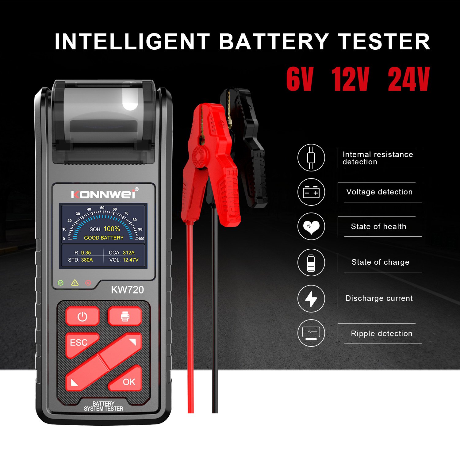 KONNWEI KW720 Vehicycle Battery Tester New Arrival Car Battery Testing Tools Detector Unique Car Battery Analyzer with Printer