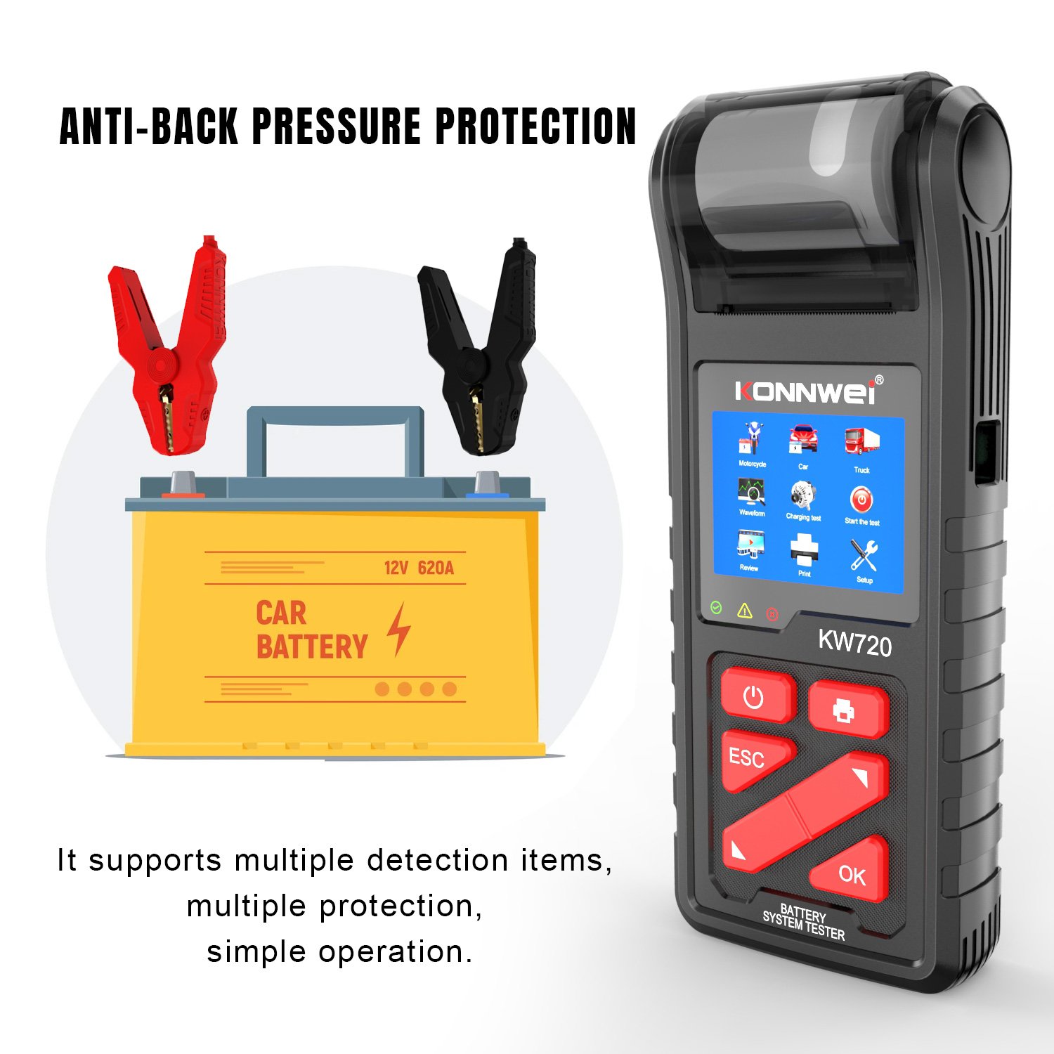 KONNWEI KW720 Vehicycle Battery Tester New Arrival Car Battery Testing Tools Detector Unique Car Battery Analyzer with Printer