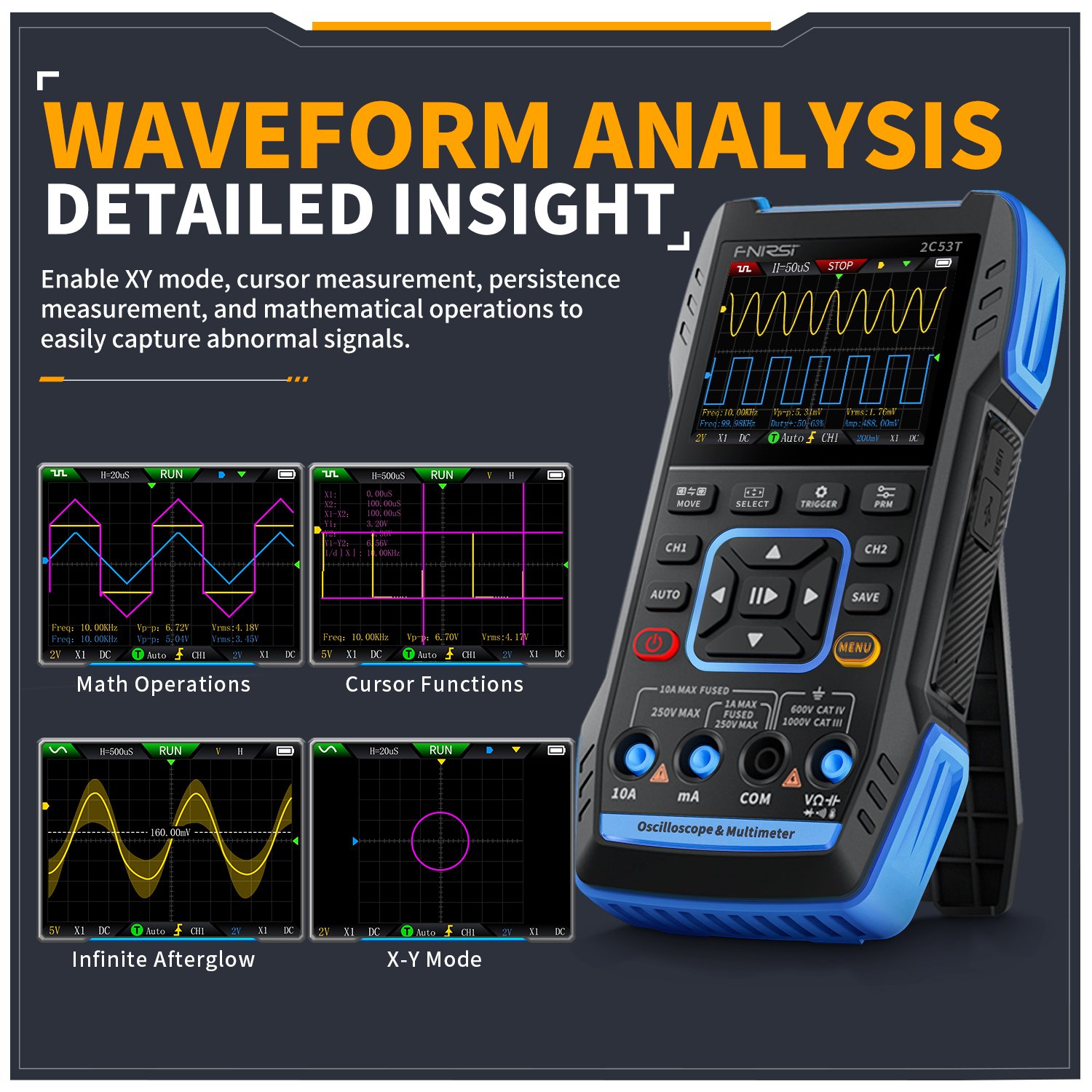 Fnirsi 2C53T Portable 3 In 1 Digital Oscilloscope Signal Generator Multimeter Dual Channel 50MHZ*2 250MS/s Handheld Oscilloscope