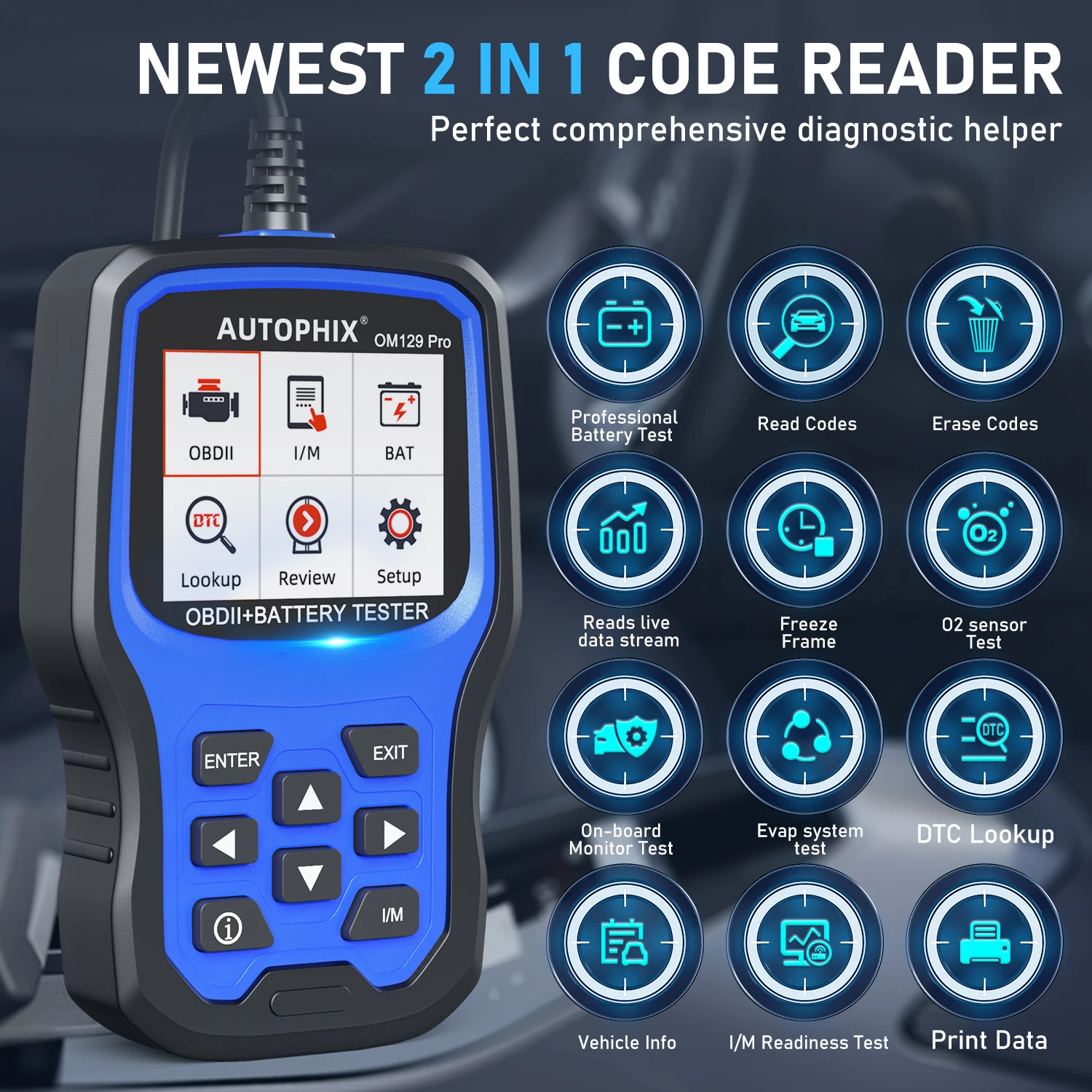 AUTOPHIX OM129 Pro 2 IN 1 OBD2 Automotive Scanner Code Reader 6/12V Car Battery Tester Car Diagnostic Tools Battery Load Tester