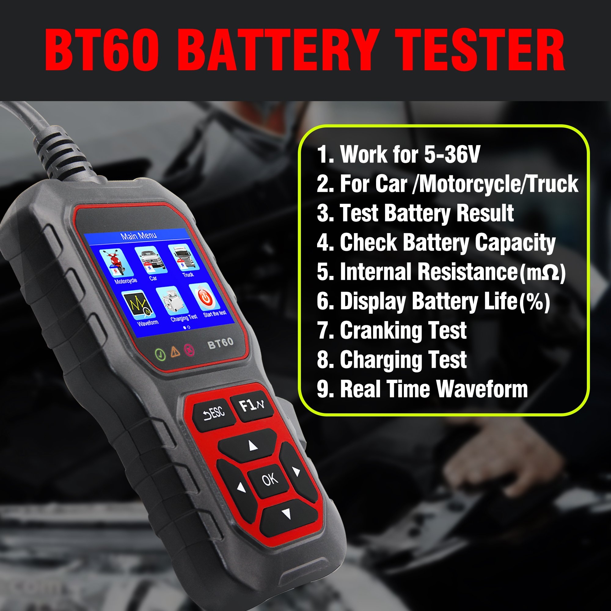 Acclope BT60 Car Battery Tester 12V 24V 100-2000 CCA Voltage Tester Internal Battery Analyzer for Cars Trucks Motorcycles