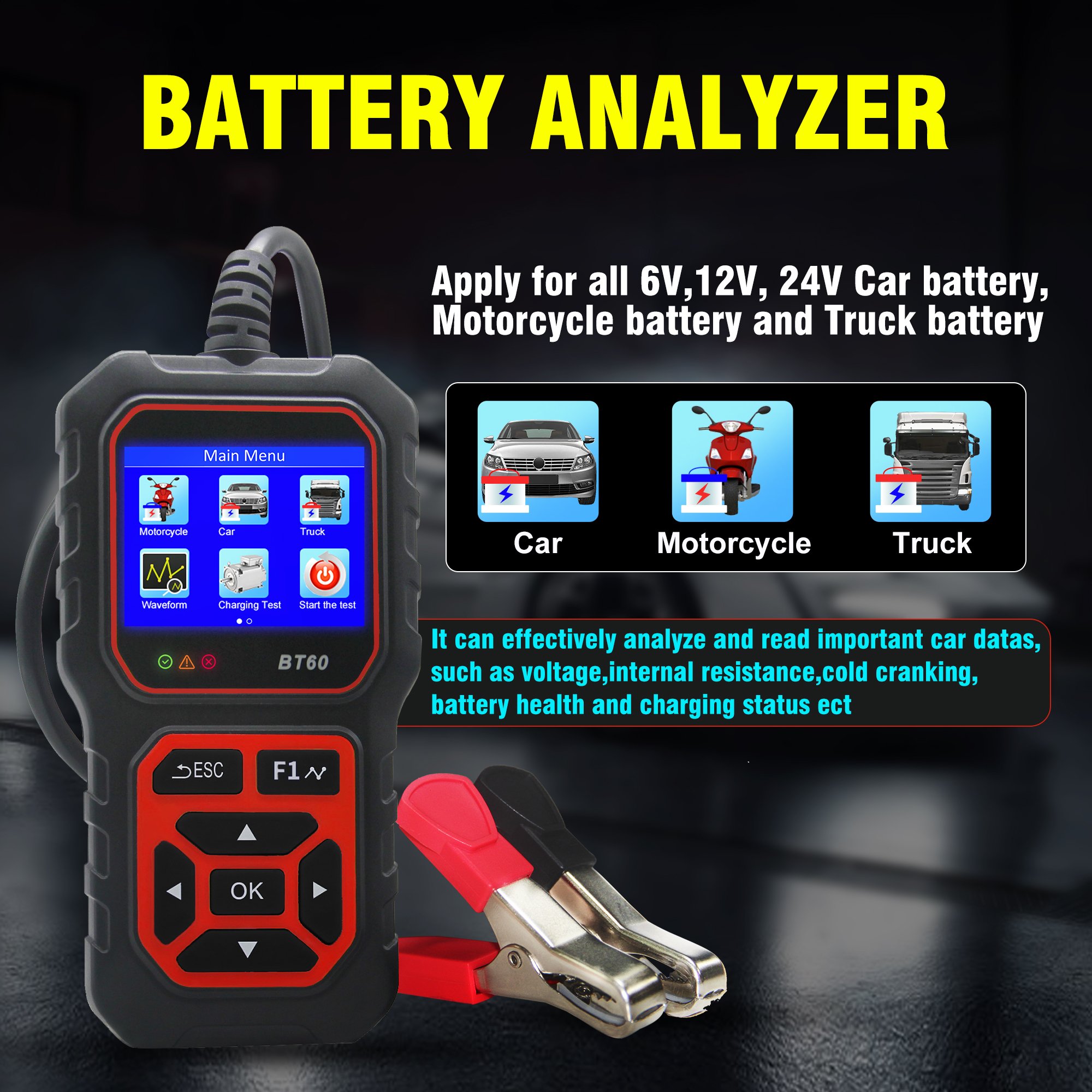 Acclope BT60 Car Battery Tester 12V 24V 100-2000 CCA Voltage Tester Internal Battery Analyzer for Cars Trucks Motorcycles