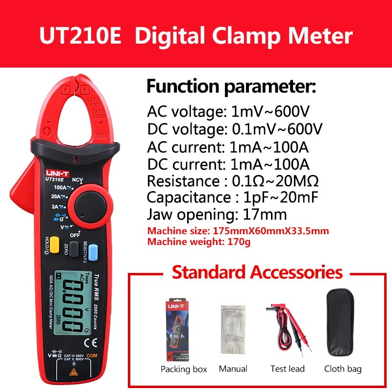 UNI-T UNI T Mini Clamp Meter UT210E Digital True RMS AC/DC Current Voltage Tester VFC Capacitance Non Contact Multimeter Clamp
