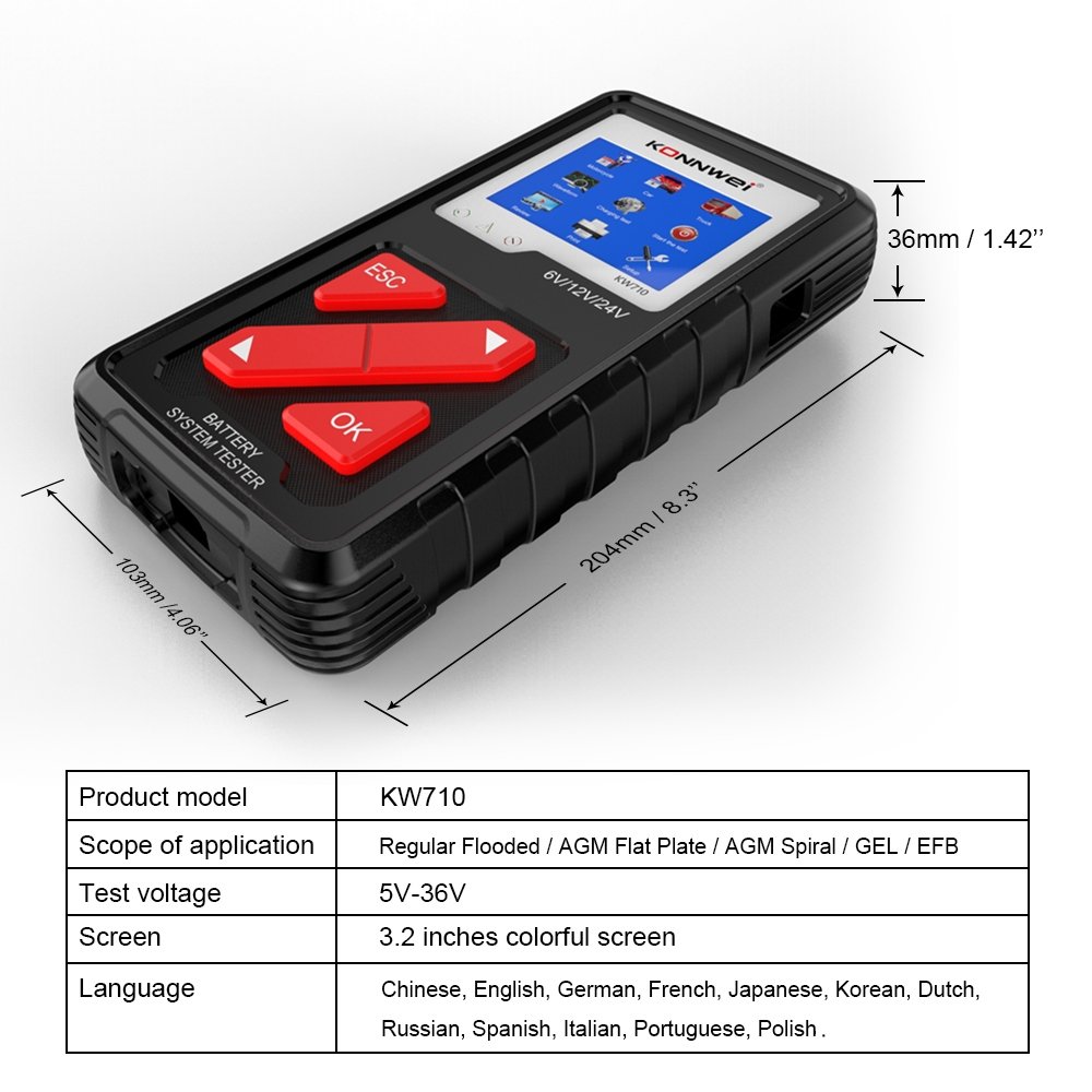 KONNWEI KW710 6V/12V/24V Digital Battery Tester Electric System Diagnostic Tool for Truck Car Motorcycle Boat