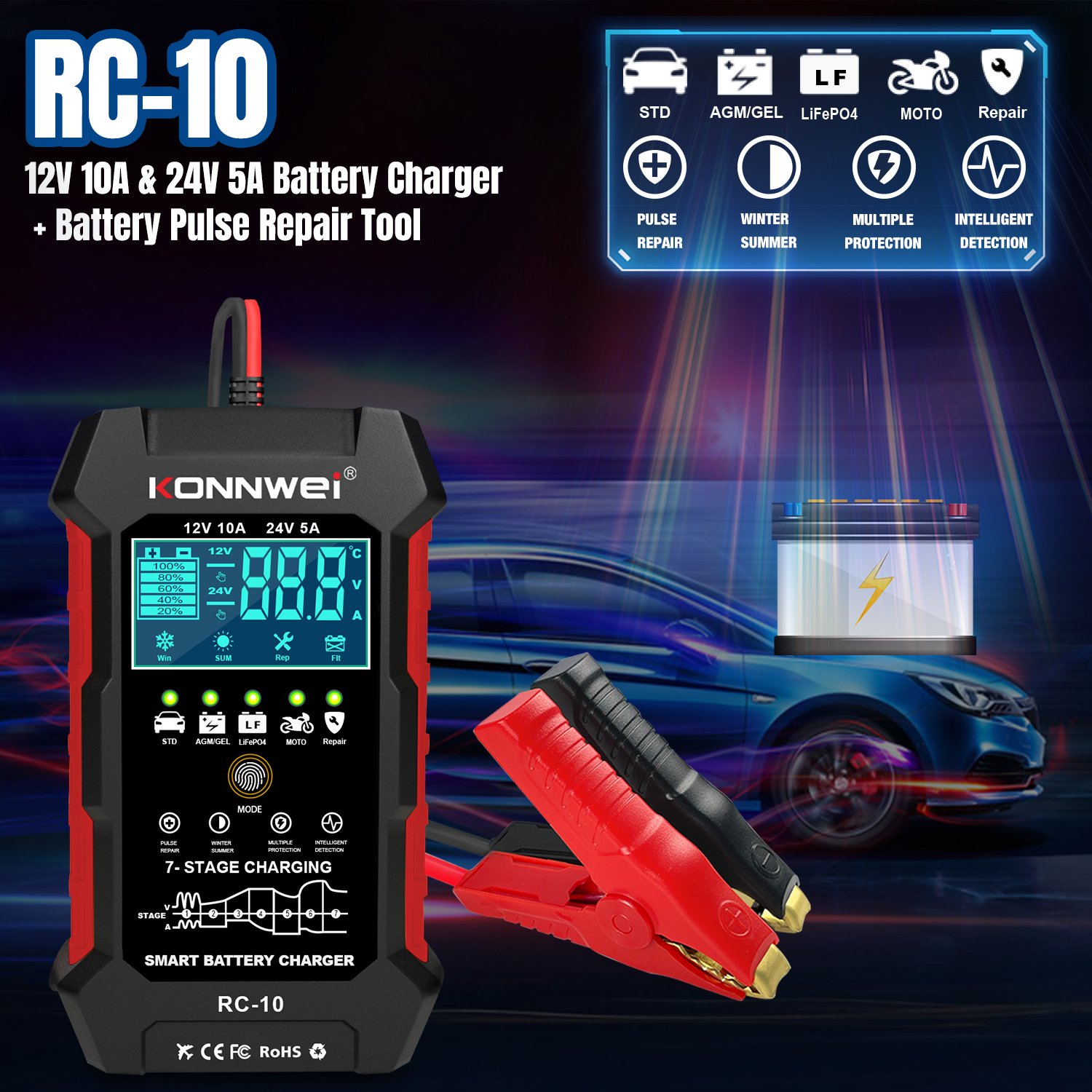 KONNWEI RC10 Auto 12V/10A 24V/5A Smart Battery Charger for AGM EFB GEL Lead-Acid Battery Car Battery Pulse Repair Tool