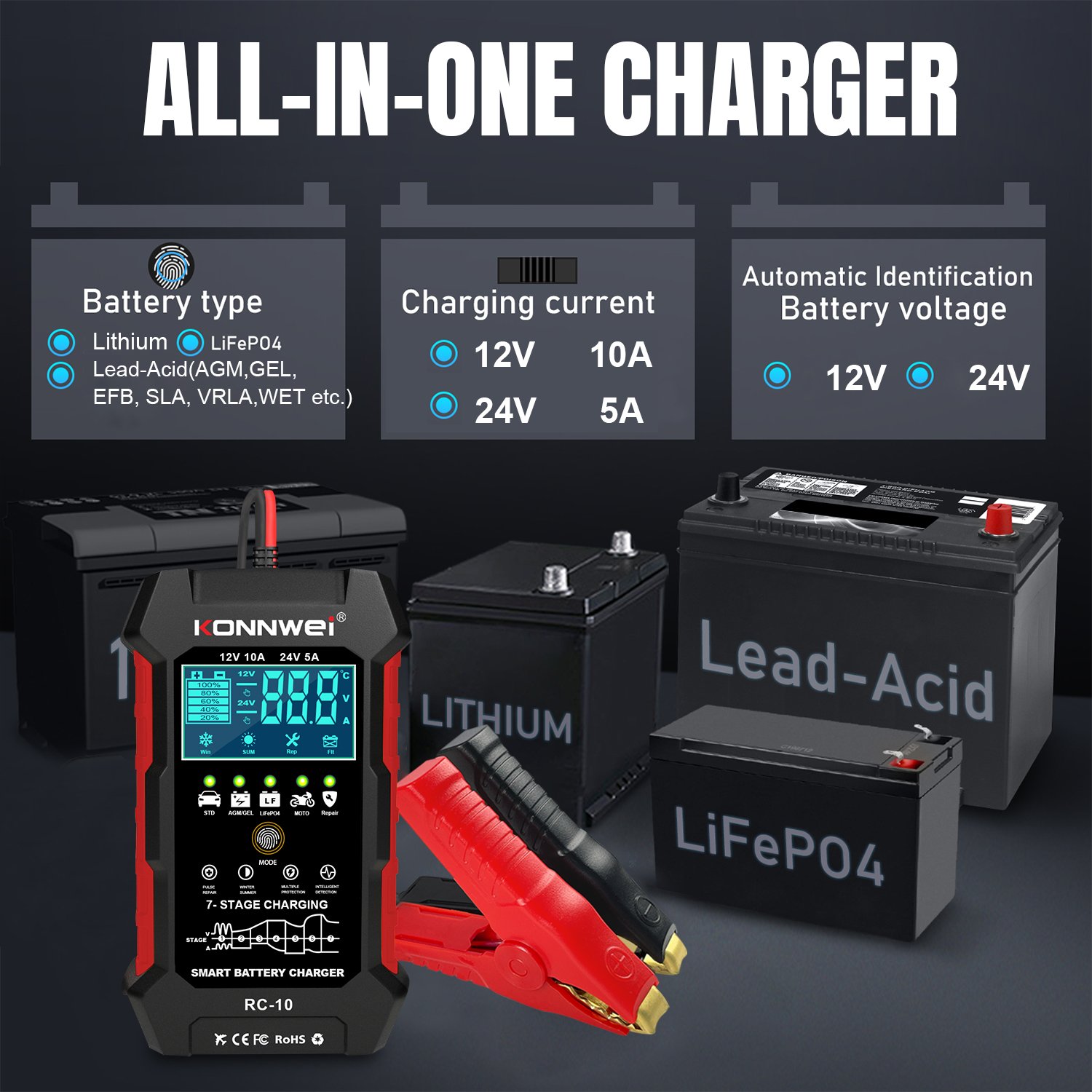 KONNWEI RC10 Auto 12V/10A 24V/5A Smart Battery Charger for AGM EFB GEL Lead-Acid Battery Car Battery Pulse Repair Tool