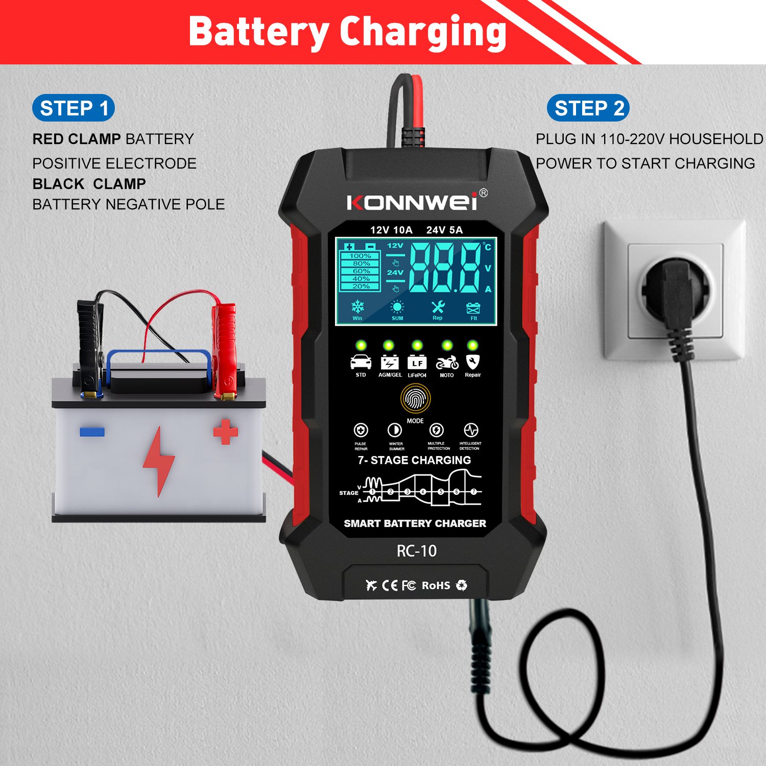 KONNWEI RC10 Auto 12V/10A 24V/5A Smart Battery Charger for AGM EFB GEL Lead-Acid Battery Car Battery Pulse Repair Tool