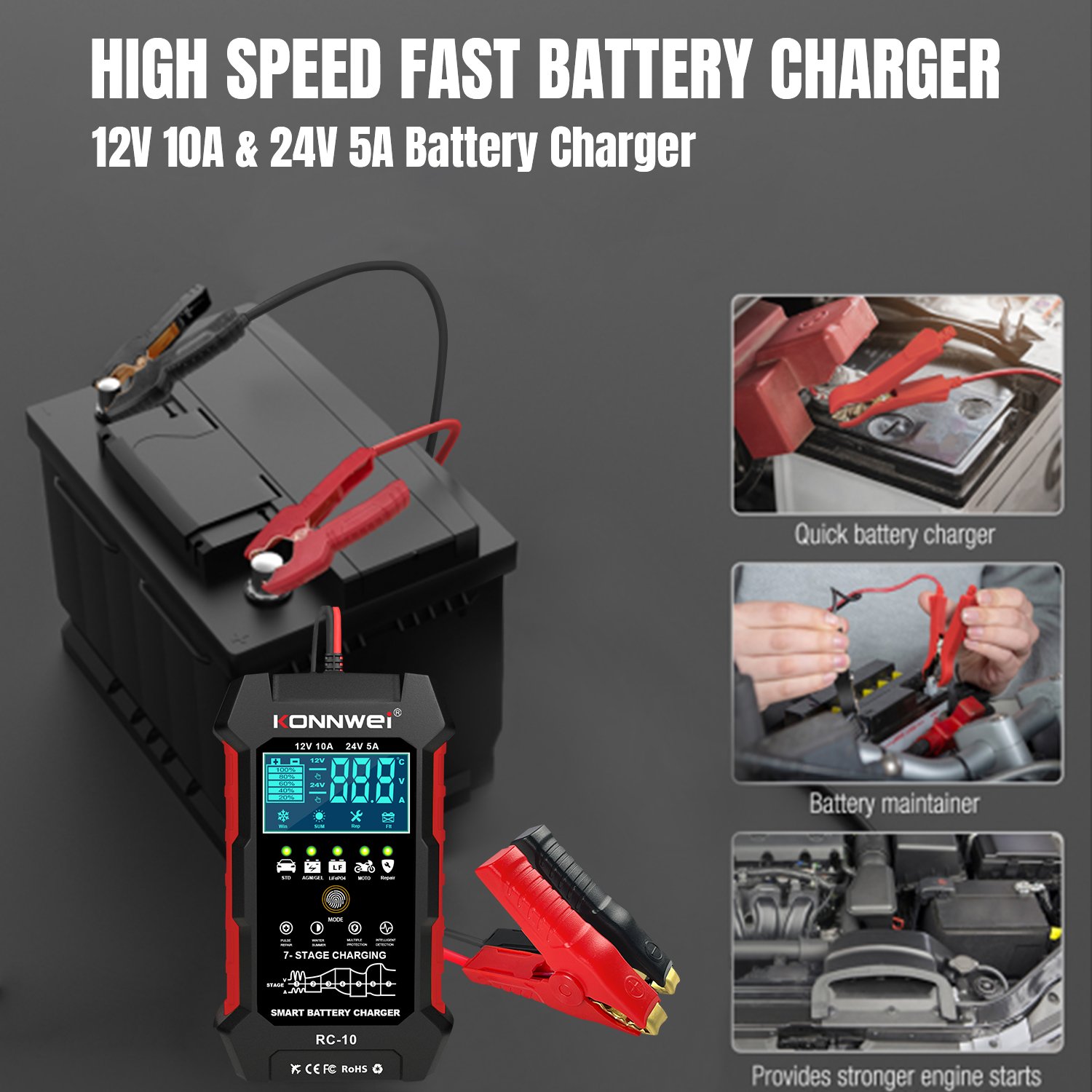 KONNWEI RC10 Auto 12V/10A 24V/5A Smart Battery Charger for AGM EFB GEL Lead-Acid Battery Car Battery Pulse Repair Tool