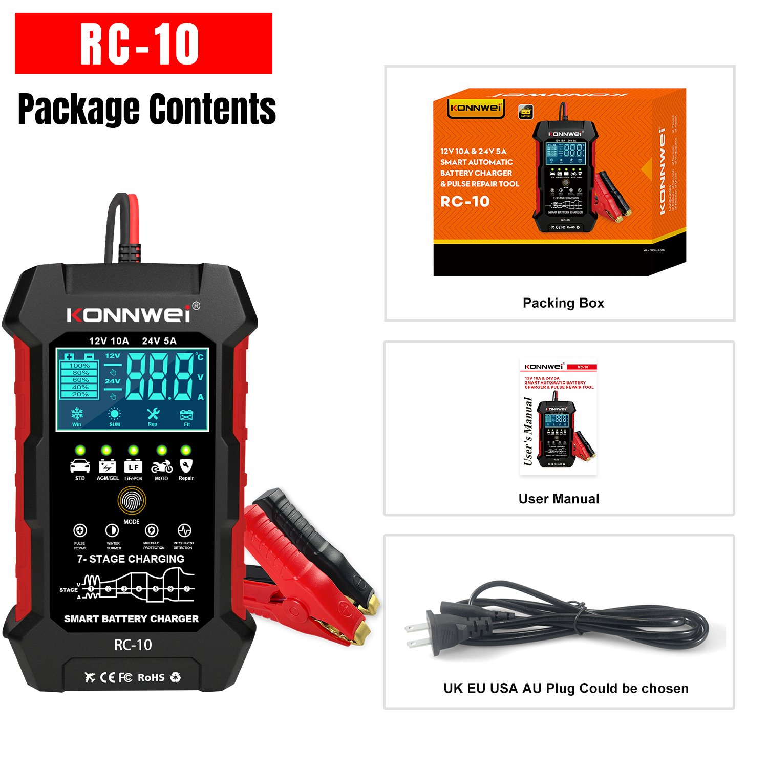 KONNWEI RC10 Auto 12V/10A 24V/5A Smart Battery Charger for AGM EFB GEL Lead-Acid Battery Car Battery Pulse Repair Tool