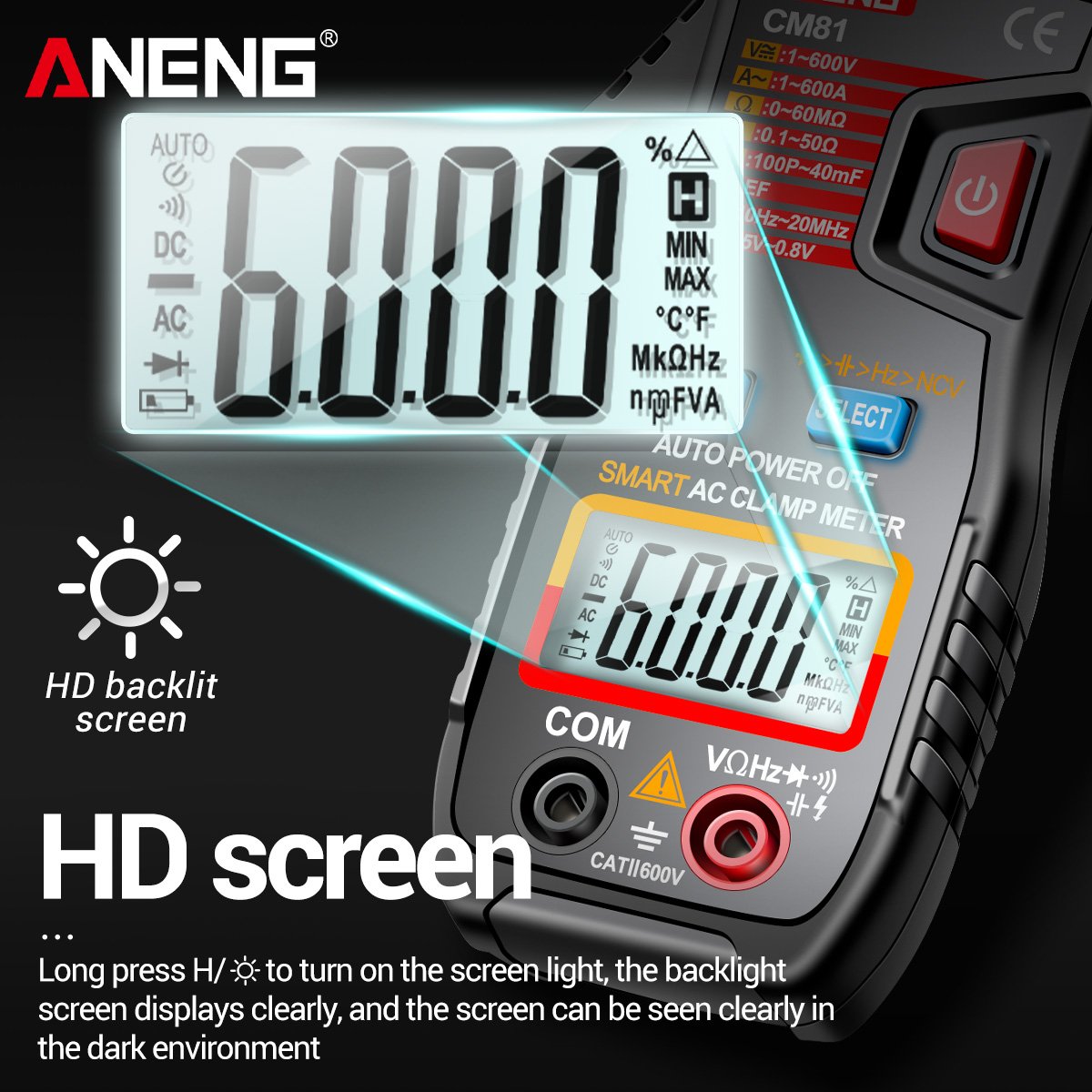 ANENG CM81 Digital Clamp Meter AC Current Multimeter Ammeter Voltage Tester Car Amp Hz Capacitance NCV Ohm Test