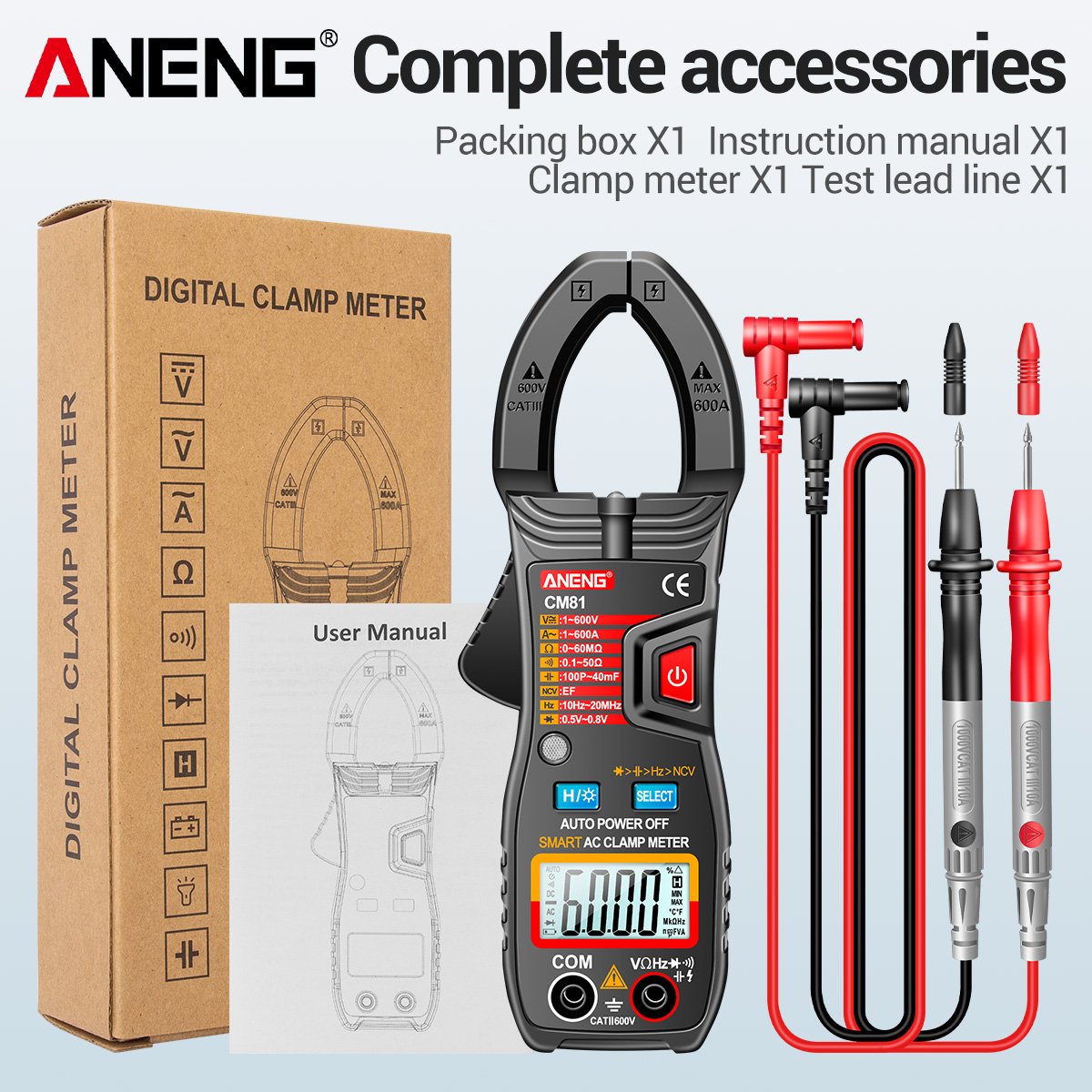 ANENG CM81 Digital Clamp Meter AC Current Multimeter Ammeter Voltage Tester Car Amp Hz Capacitance NCV Ohm Test