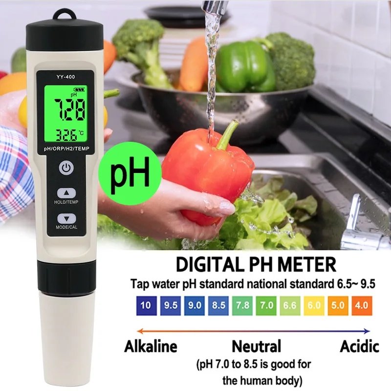 4 In 1 Hydrogen Ion Concentration Water Quality Tester Test Pen YY-400 PH/ORP/H2/TEM Digital Drinking Water Quality Meter