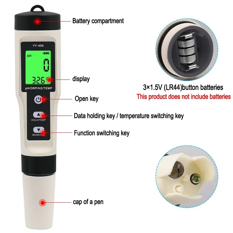 4 In 1 Hydrogen Ion Concentration Water Quality Tester Test Pen YY-400 PH/ORP/H2/TEM Digital Drinking Water Quality Meter