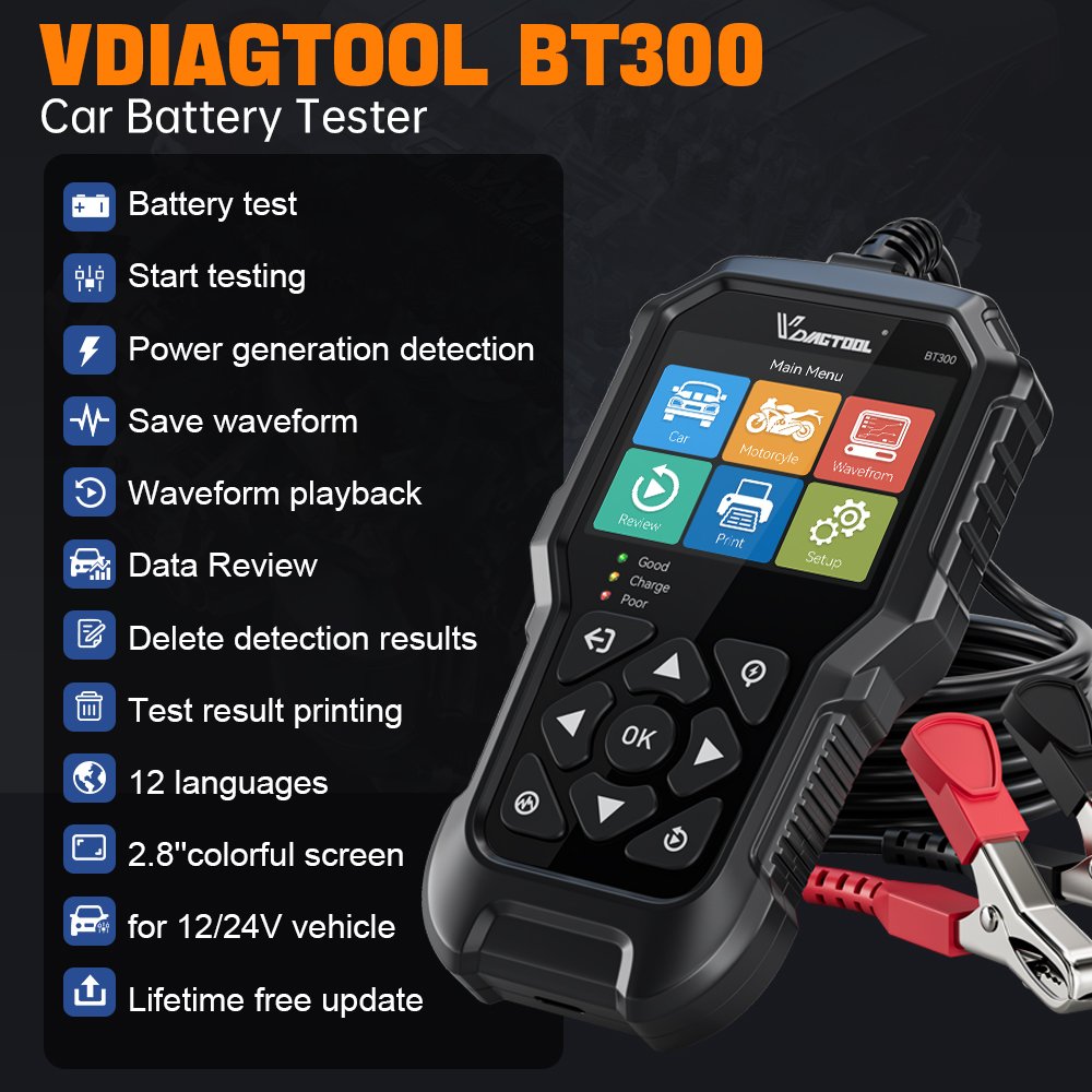VDIAGTOOL BT300 Car Battery Tester 6V 12V Automotive Charging Cranking System Tester for Motorcycle Car Truck SUV ATV Boat