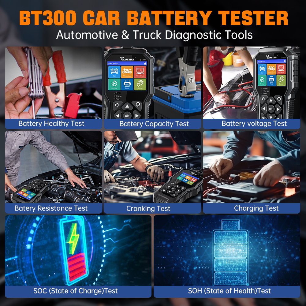 VDIAGTOOL BT300 Car Battery Tester 6V 12V Automotive Charging Cranking System Tester for Motorcycle Car Truck SUV ATV Boat