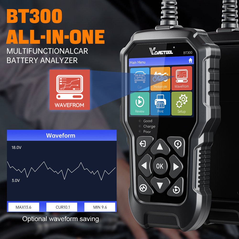 VDIAGTOOL BT300 Car Battery Tester 6V 12V Automotive Charging Cranking System Tester for Motorcycle Car Truck SUV ATV Boat