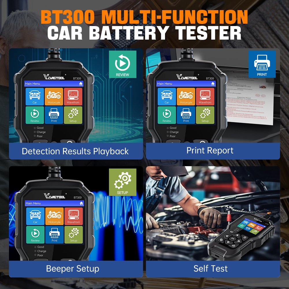 VDIAGTOOL BT300 Car Battery Tester 6V 12V Automotive Charging Cranking System Tester for Motorcycle Car Truck SUV ATV Boat