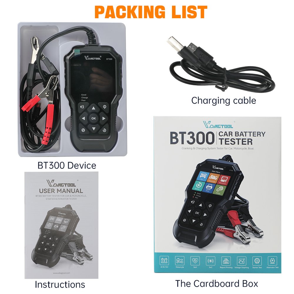VDIAGTOOL BT300 Car Battery Tester 6V 12V Automotive Charging Cranking System Tester for Motorcycle Car Truck SUV ATV Boat