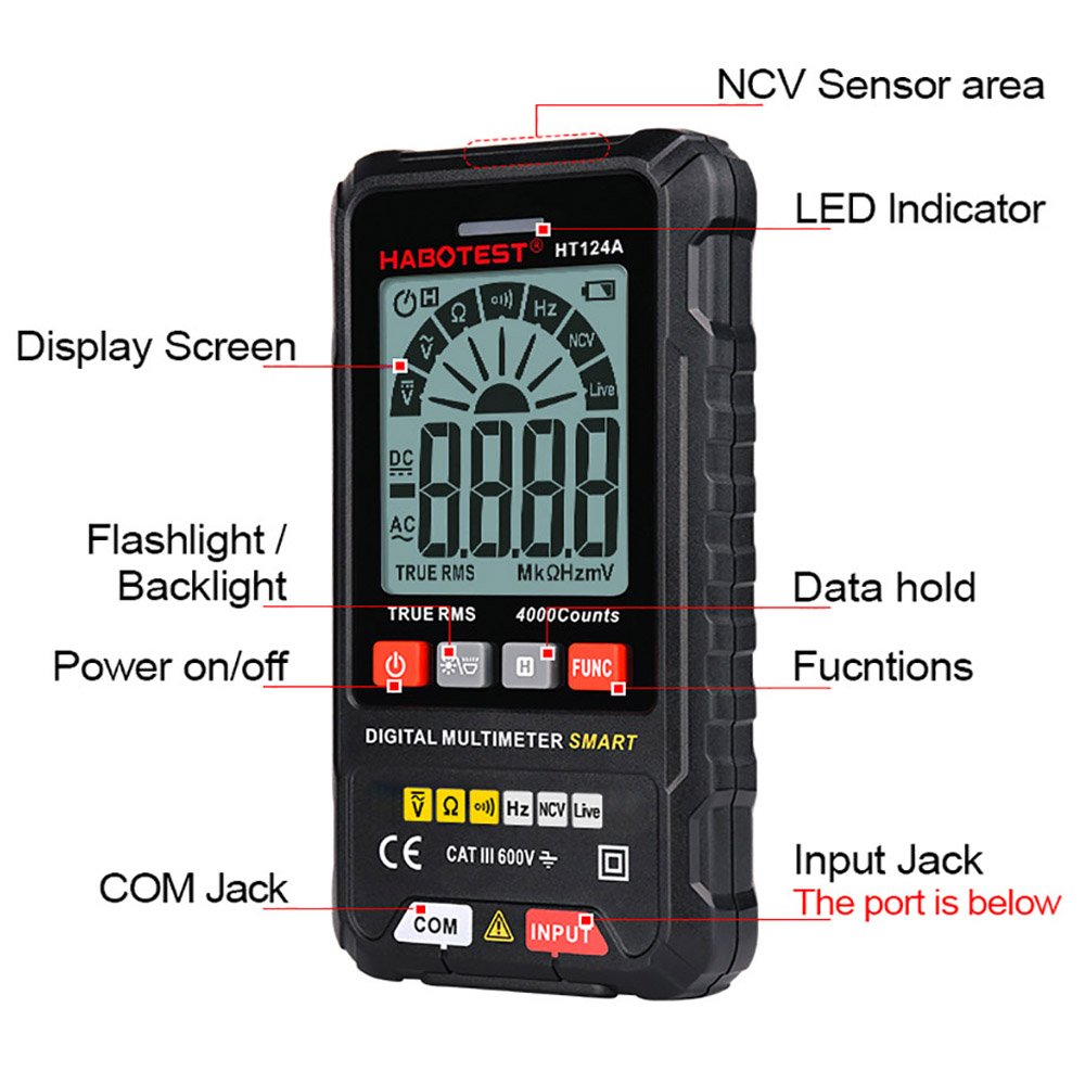 Kingsdun HT124A HT124B+ Smart Digital Multimeter 4000 Count AC DC Voltage 600V True RMS Auto Range Multimeter