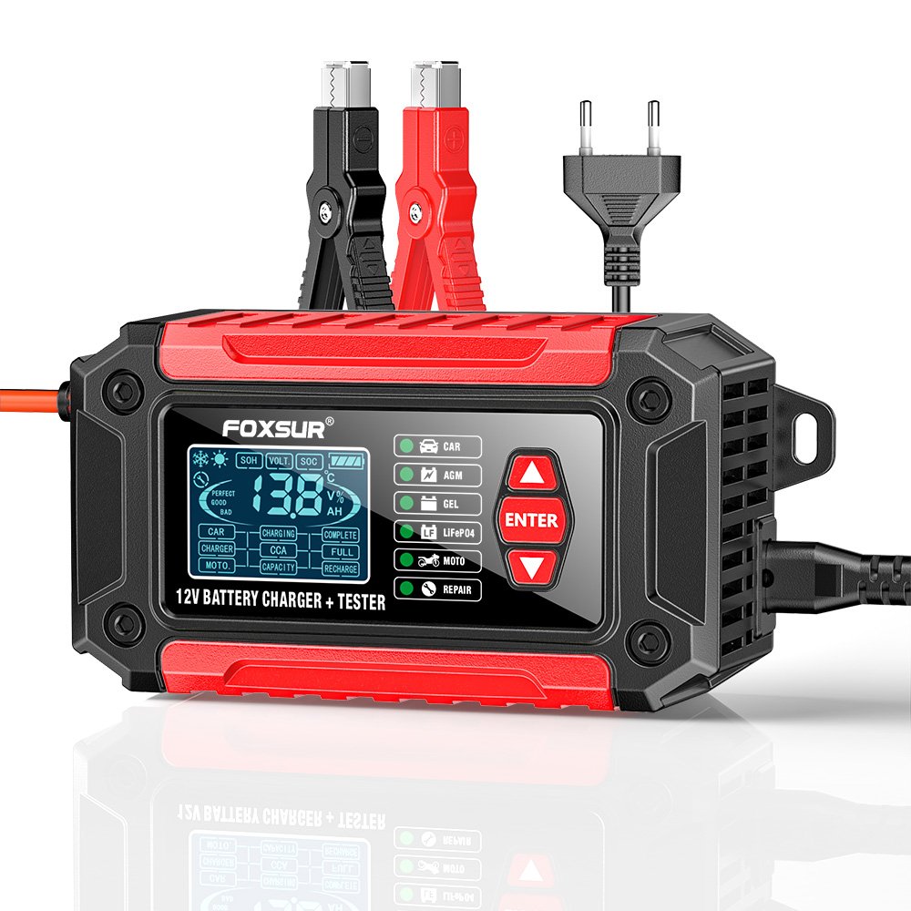FOXSUR Multi-function 12V Smart Car battery charger 12V 6A Motorcycle car battery charger & battery tester & pulse repair