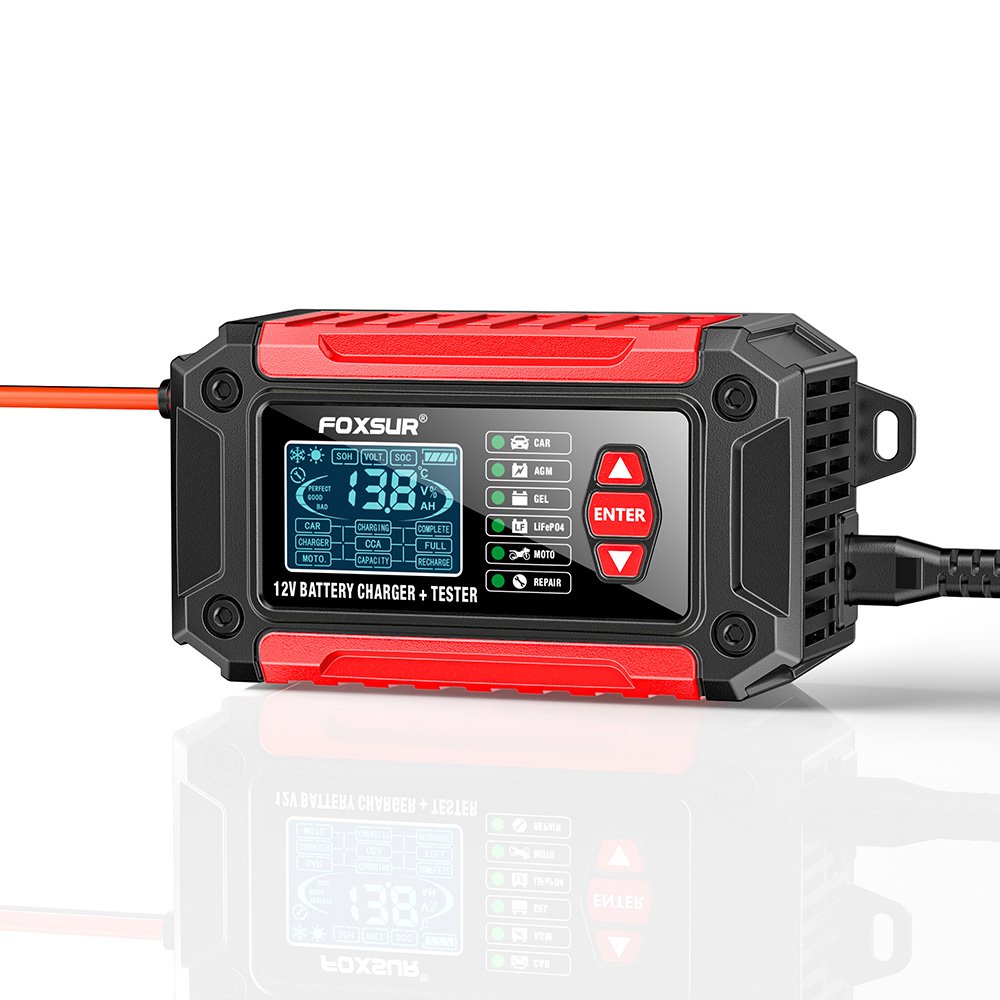 FOXSUR Multi-function 12V Smart Car battery charger 12V 6A Motorcycle car battery charger & battery tester & pulse repair